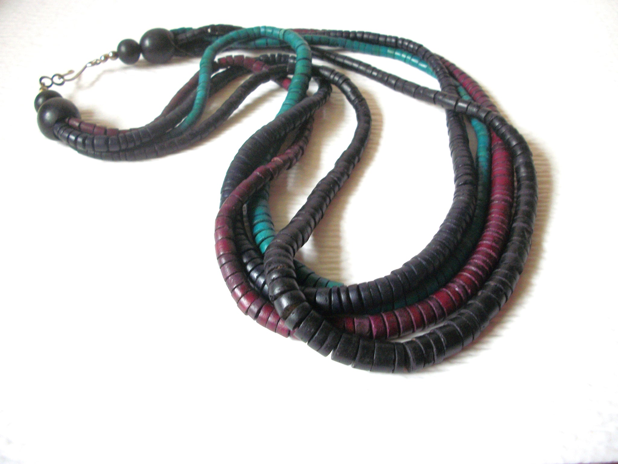 Bohemian 1980s Wood Black Teal Purple Wood Necklace 122420