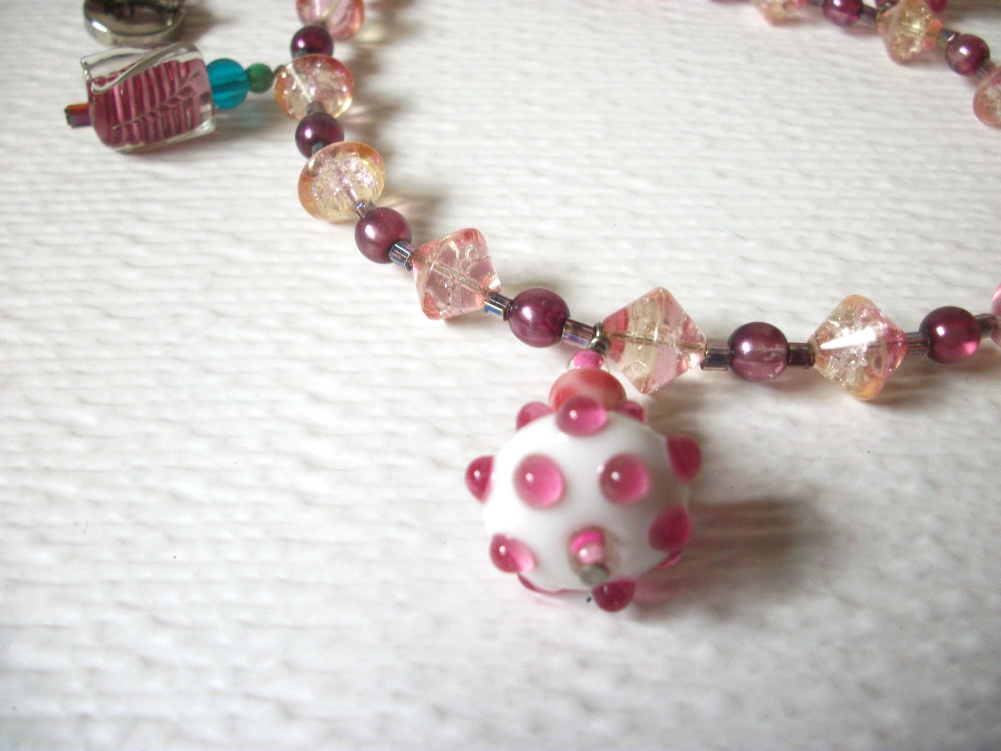 Hand Made Pink White Czech Glass Murano Lamp Work Necklace 122420