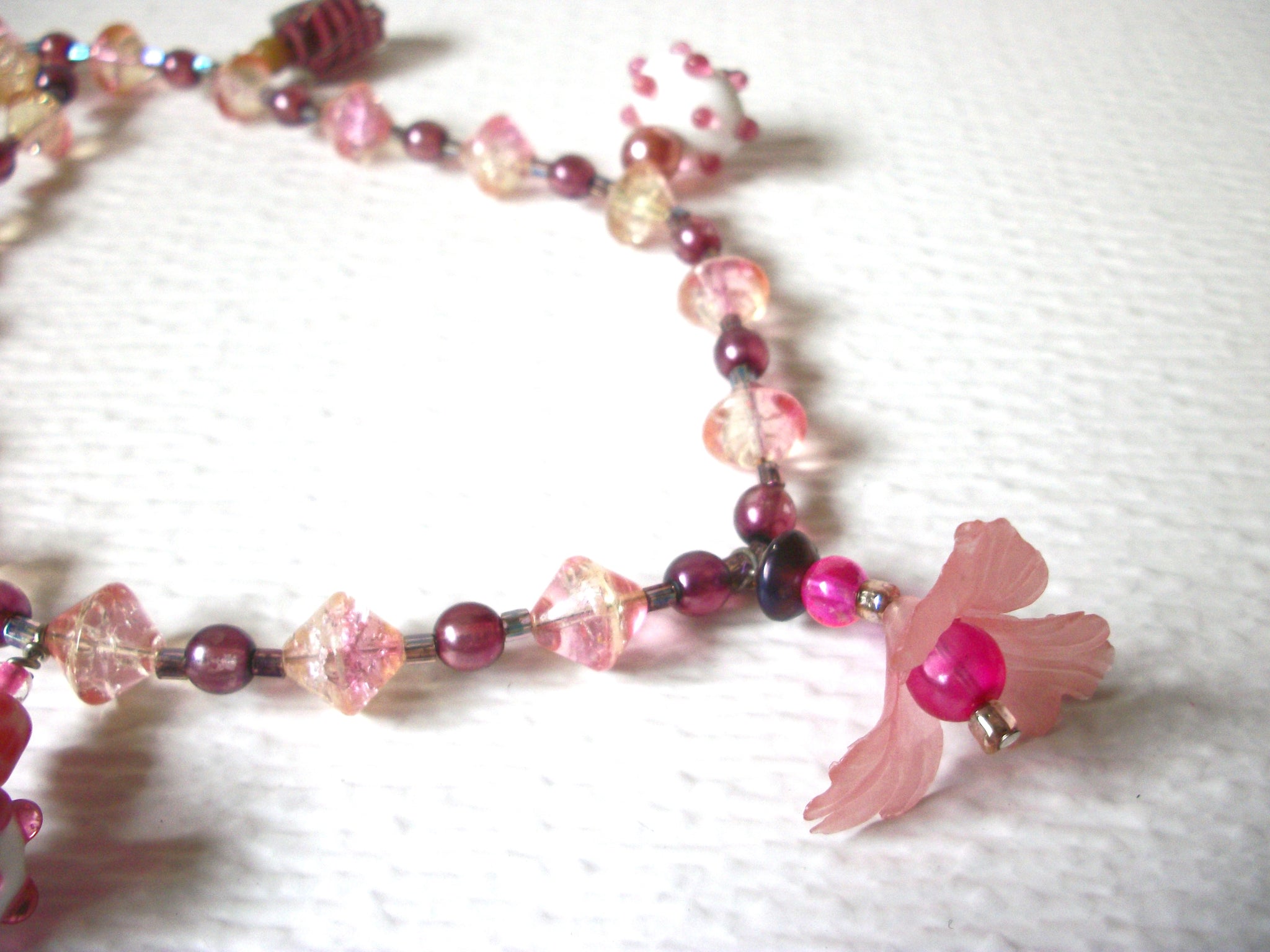 Hand Made Pink White Czech Glass Murano Lamp Work Necklace 122420