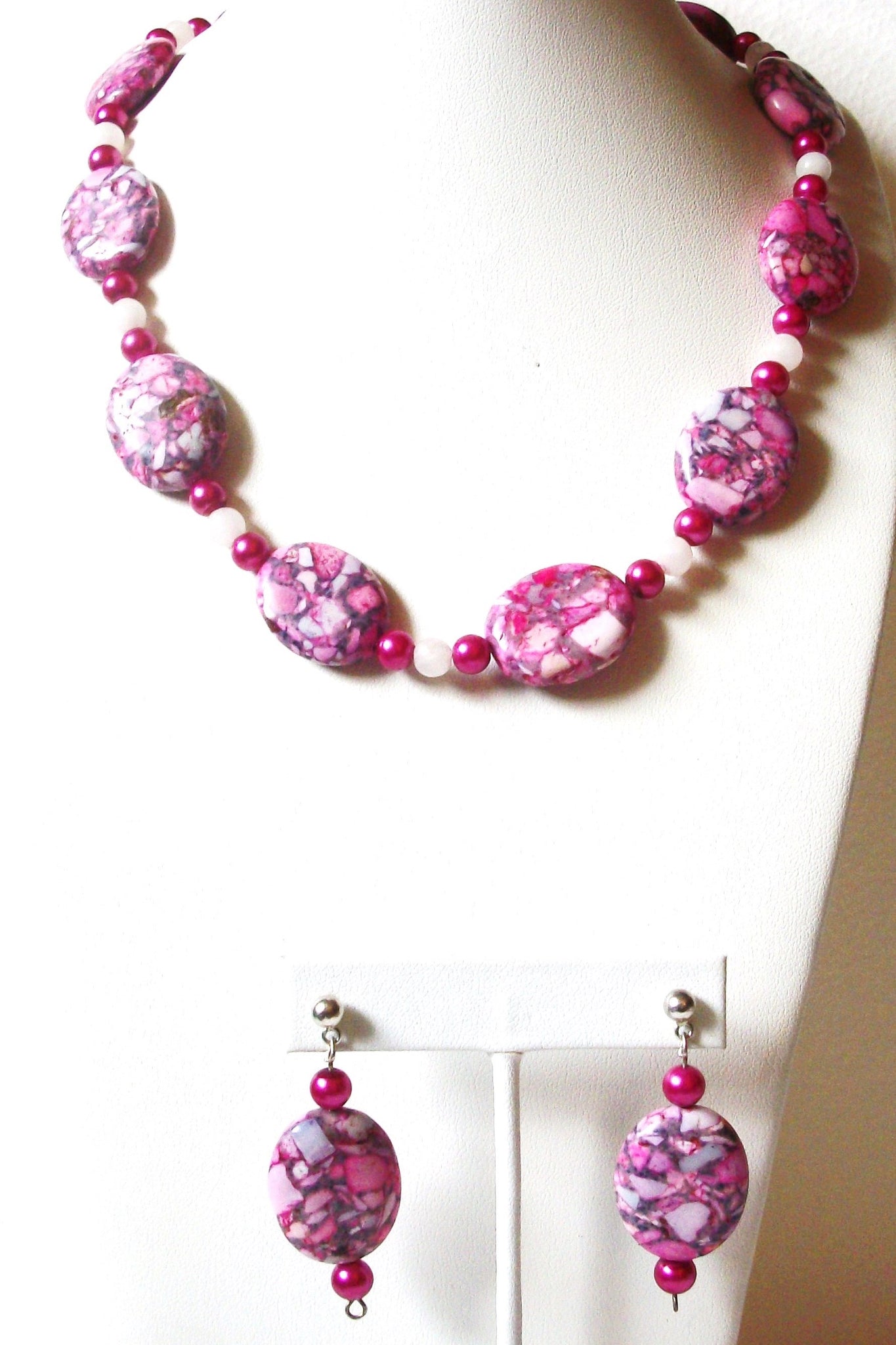 Pink Jasper Mosaic Beads Polished Necklace Earrings Set 122620