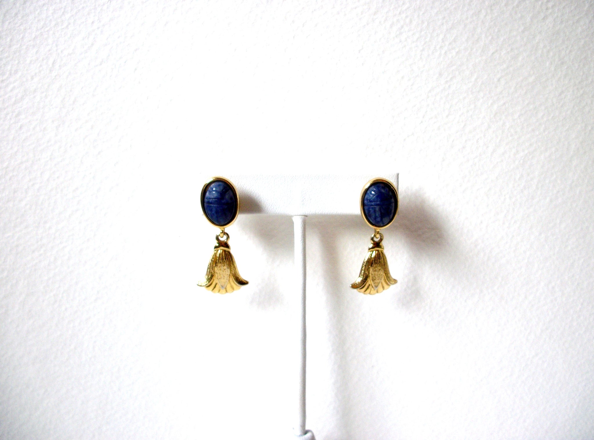 Scarab Dark Blue Fan Vintage Gold toned Earrings 122620