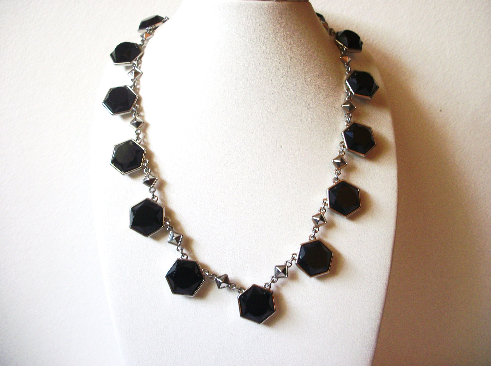 Vintage WH BM Stamped Silver Toned Black Necklace 122520
