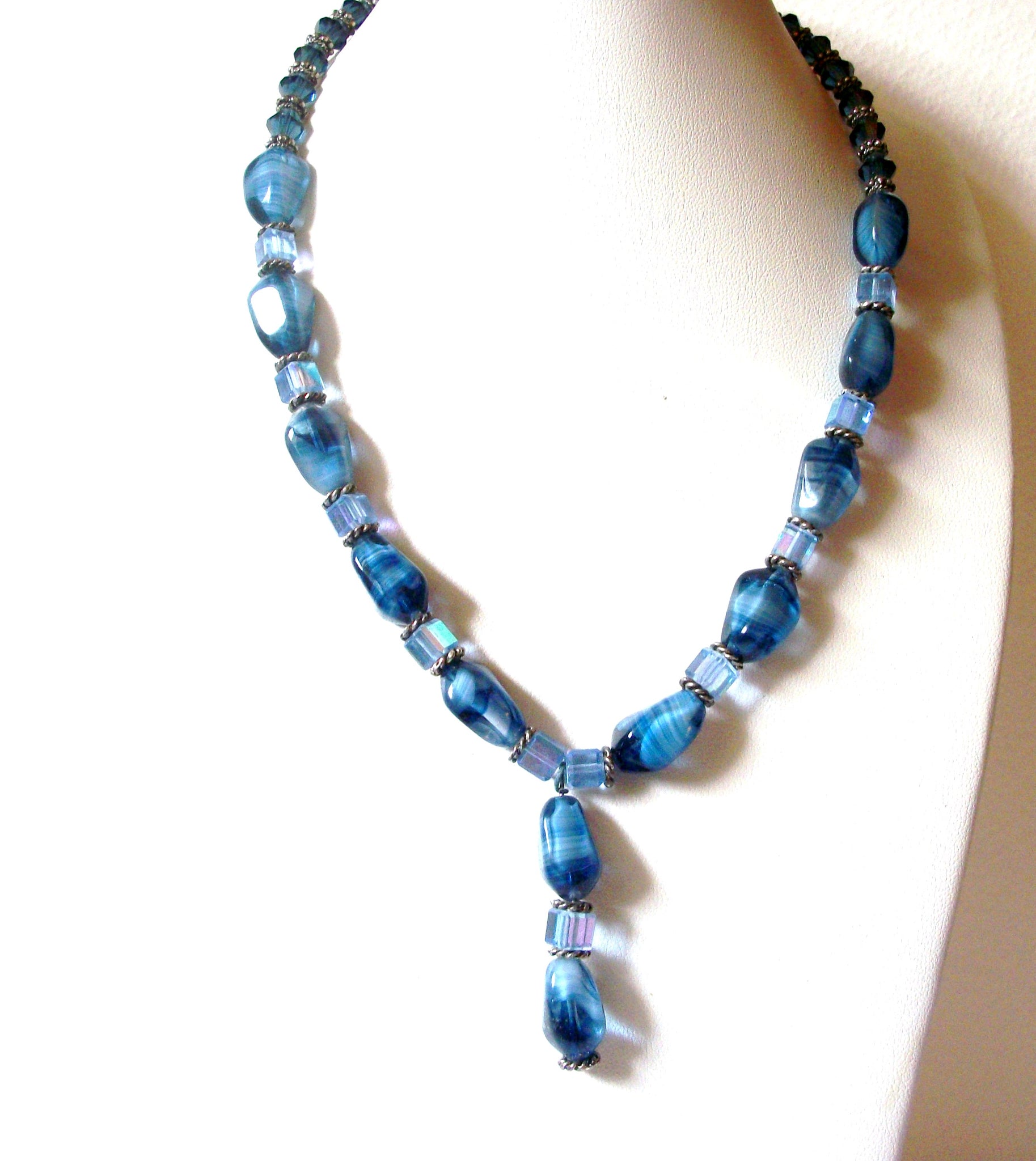 Retro Chunky Blue Czech Glass Tassel Necklace 122520