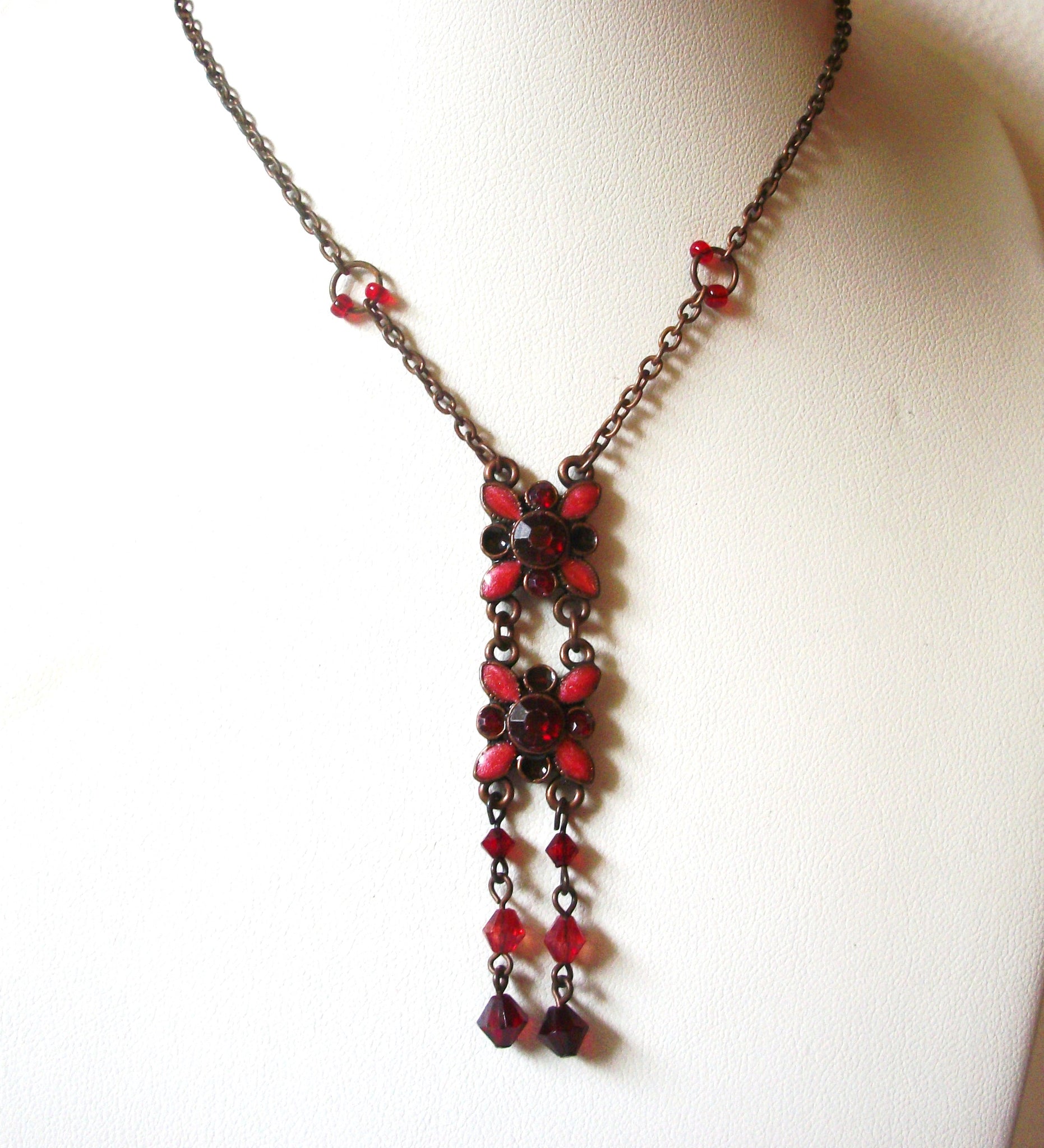 Copper Toned Red Rhinestones Floral Necklace 122620