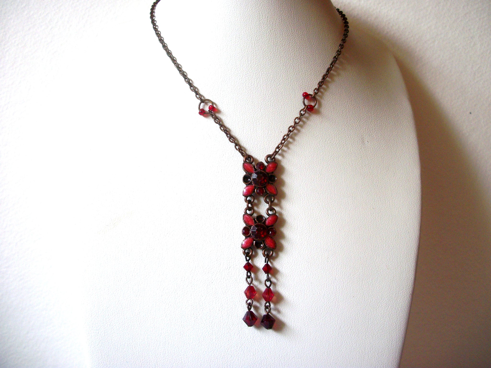 Copper Toned Red Rhinestones Floral Necklace 122620