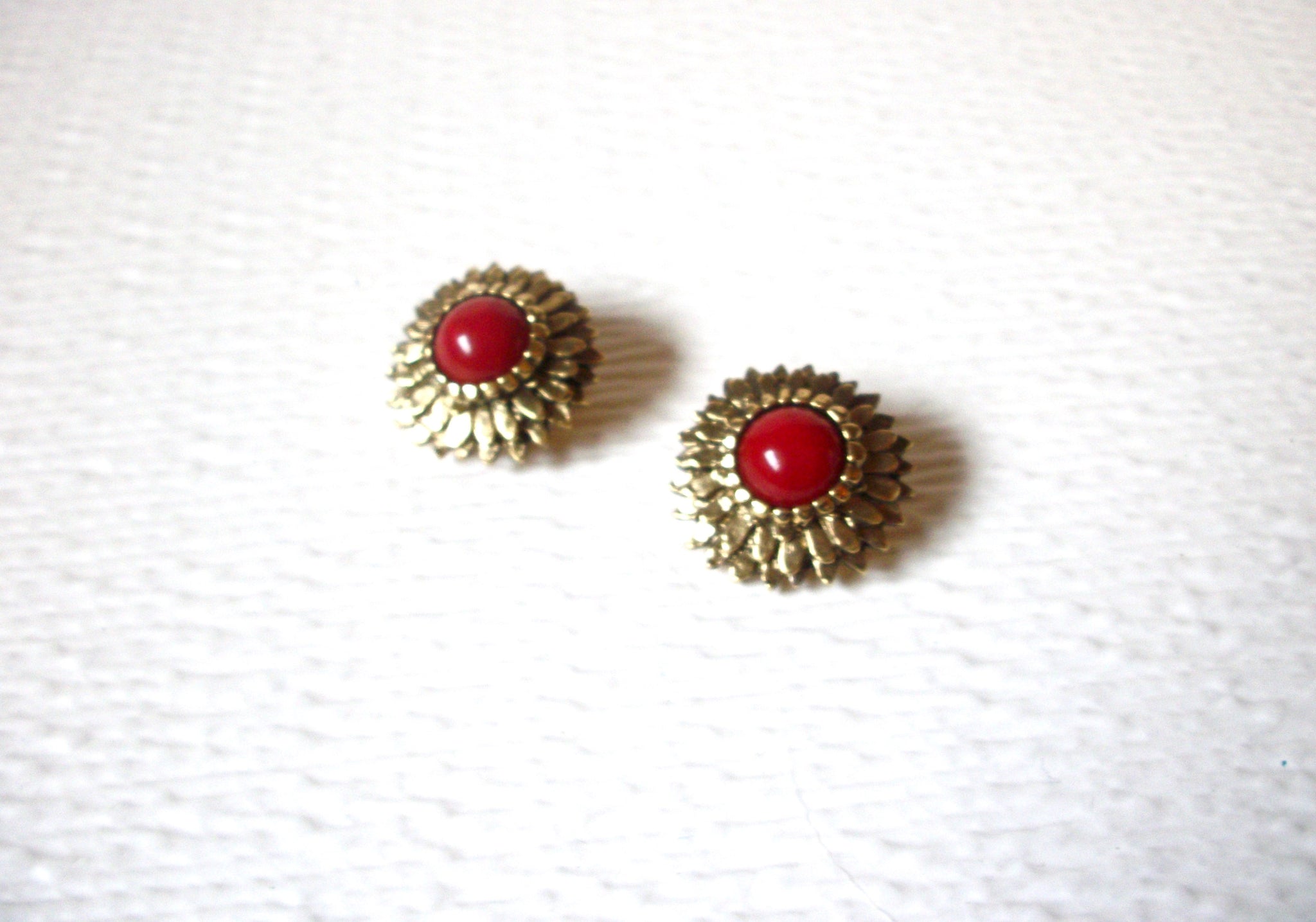Gold Toned Cranberry Red Dome Floral Clip On Earrings 122520