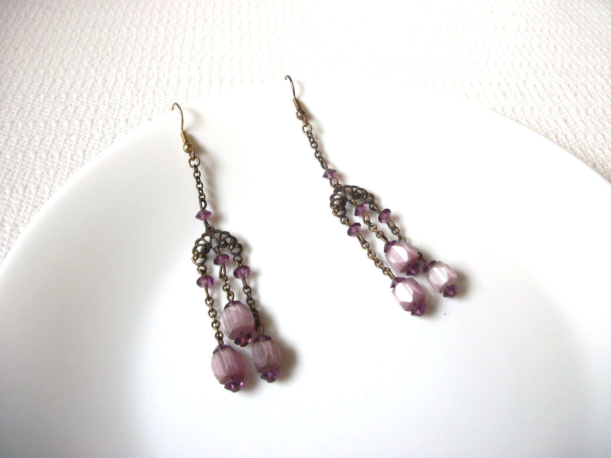 Vintage Lucite Glass Plum Chandelier Earrings 101720