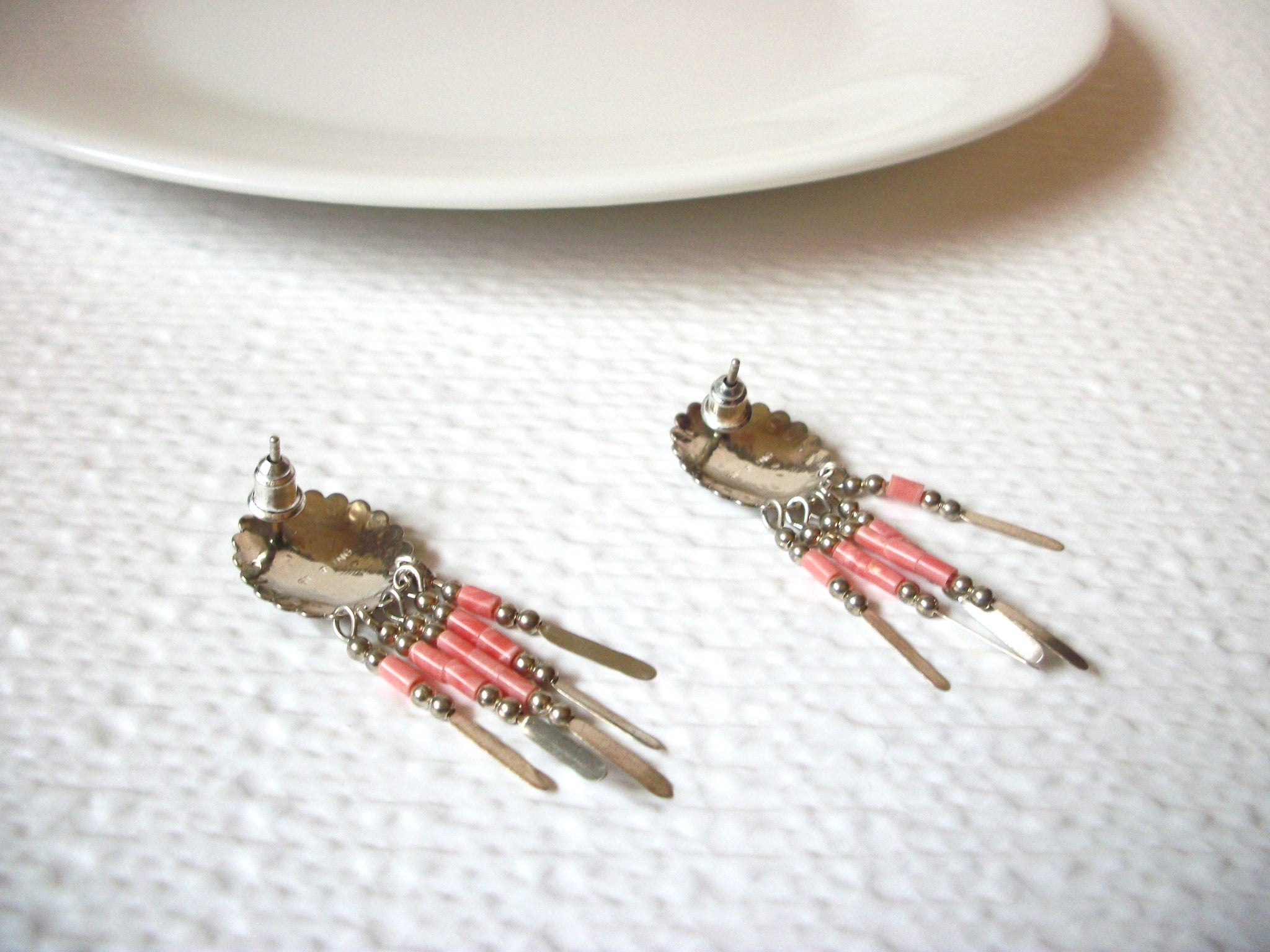 Gift Worthy Earrings, STERLING Stamped  Earrings, Coral Concho Southwestern Dangle Earrings 71218D