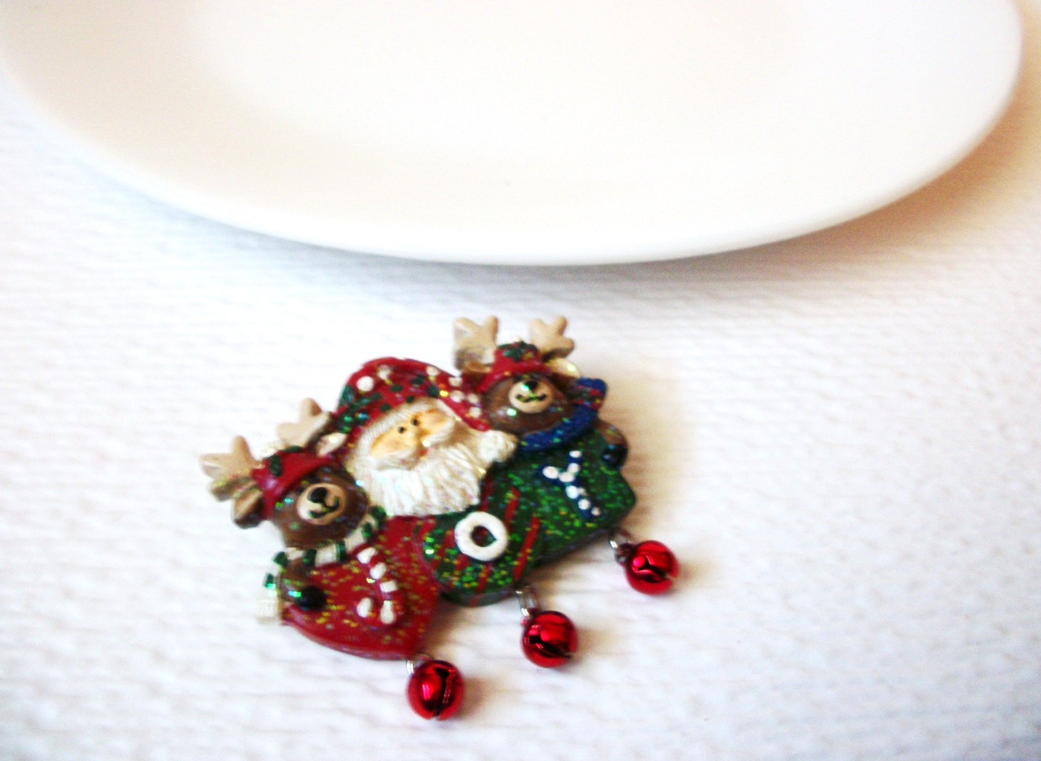 Vintage Hand Molded Santa Reindeer Brooch Pin 102120