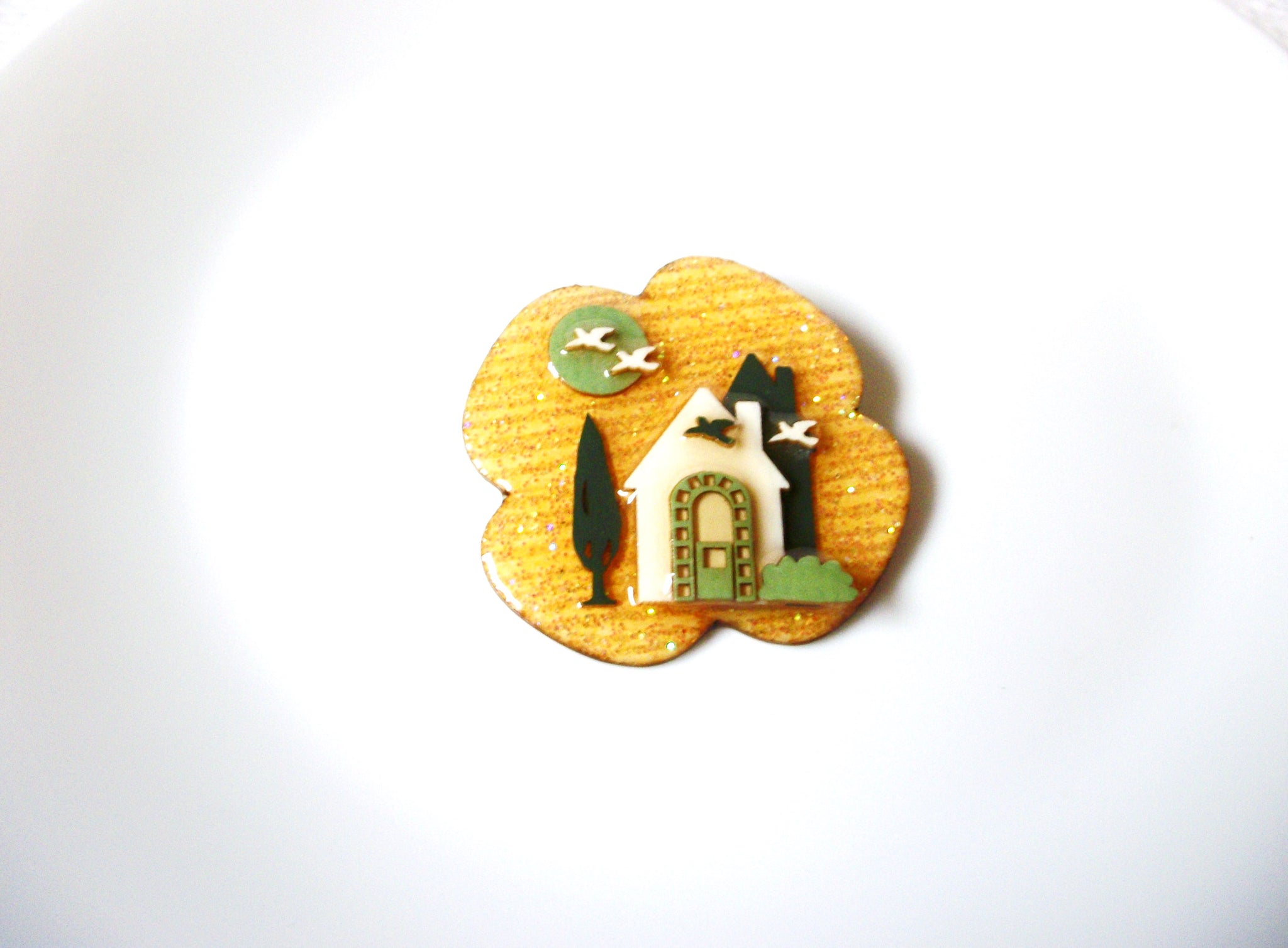 Vintage Lucinda House Pins, Sparkling Golden Tree Trellis Birds House Pins 102220