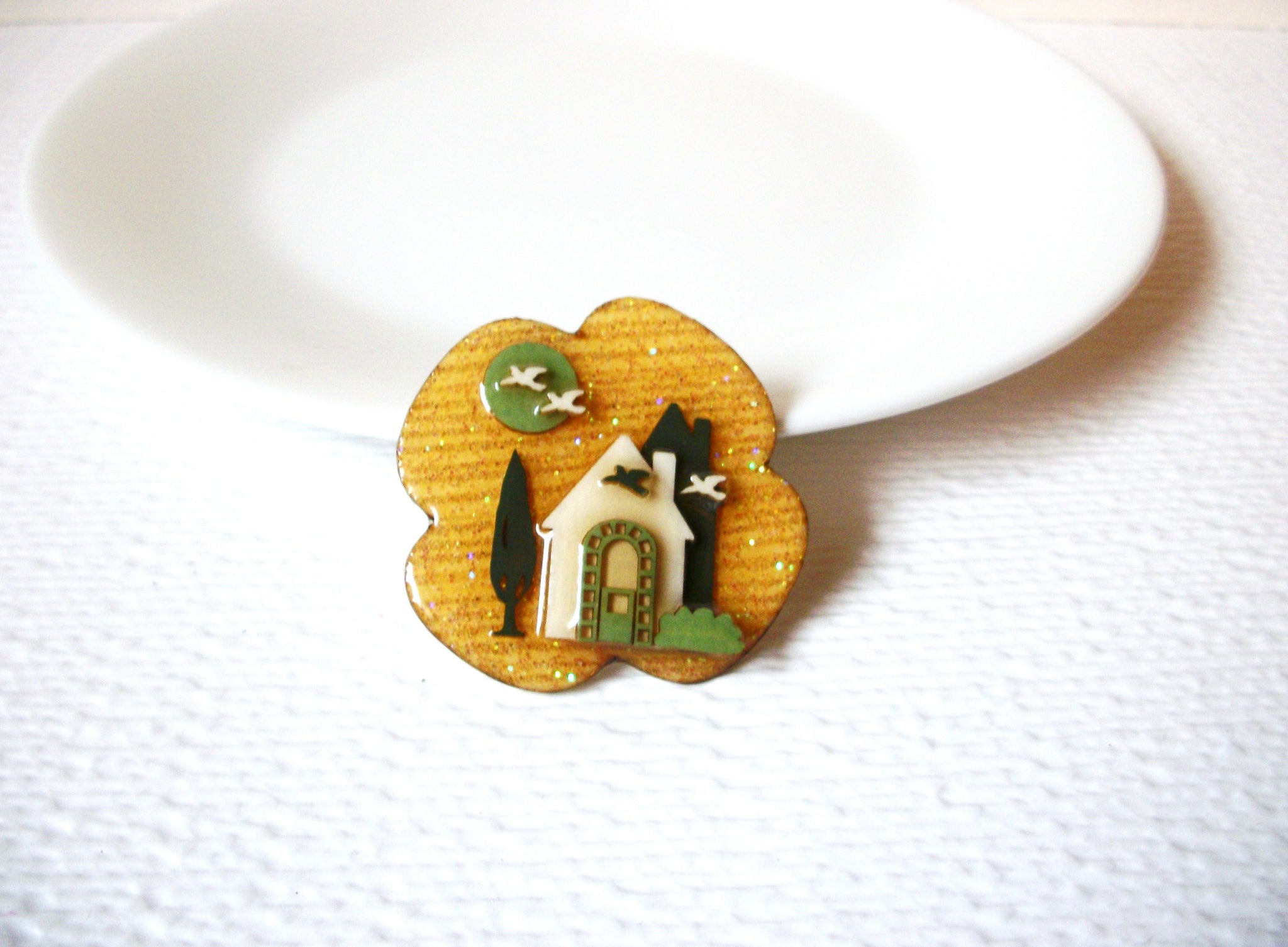 Vintage Lucinda House Pins, Sparkling Golden Tree Trellis Birds House Pins 102220