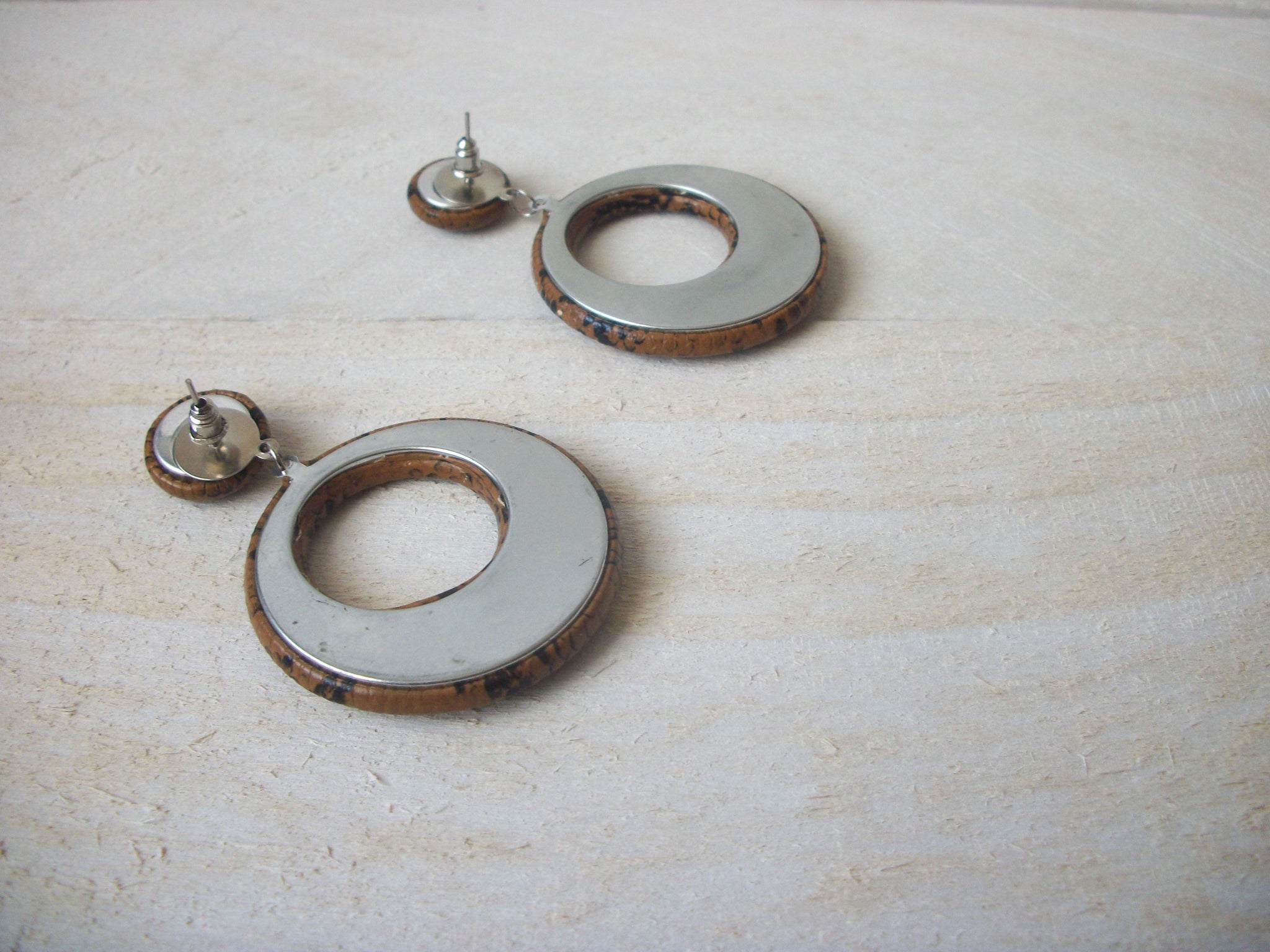 Vintage PU Leather Caramel Brown Python Snake Hoop Earrings 61416