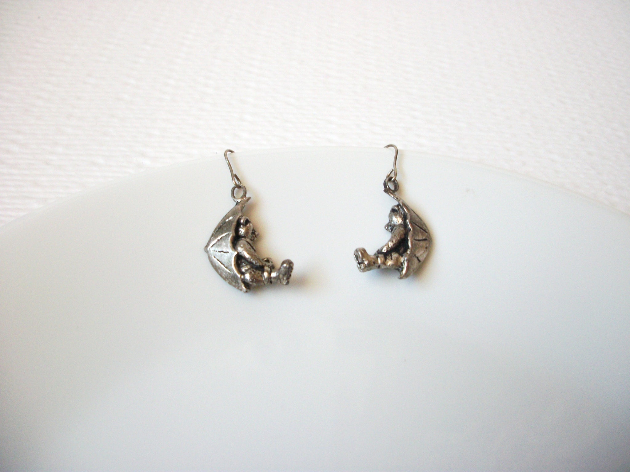 Retro 1970s Silver Toned Dangle Bear On The Moon Earrings 102520