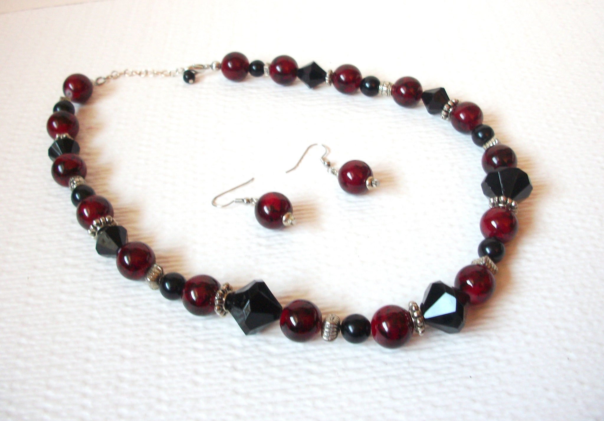 Hand Made Black Czech Glass Red Glass Necklace Earrings Set 102720