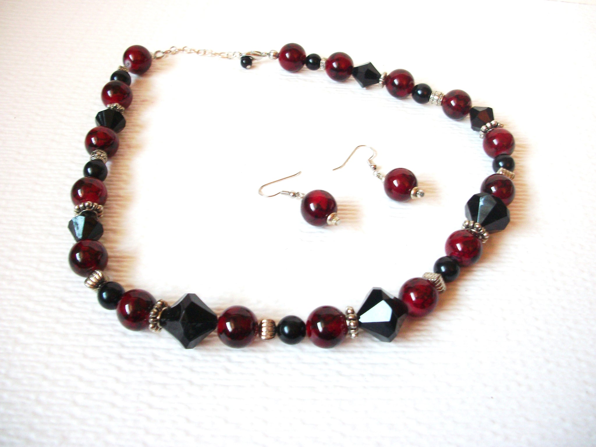Hand Made Black Czech Glass Red Glass Necklace Earrings Set 102720