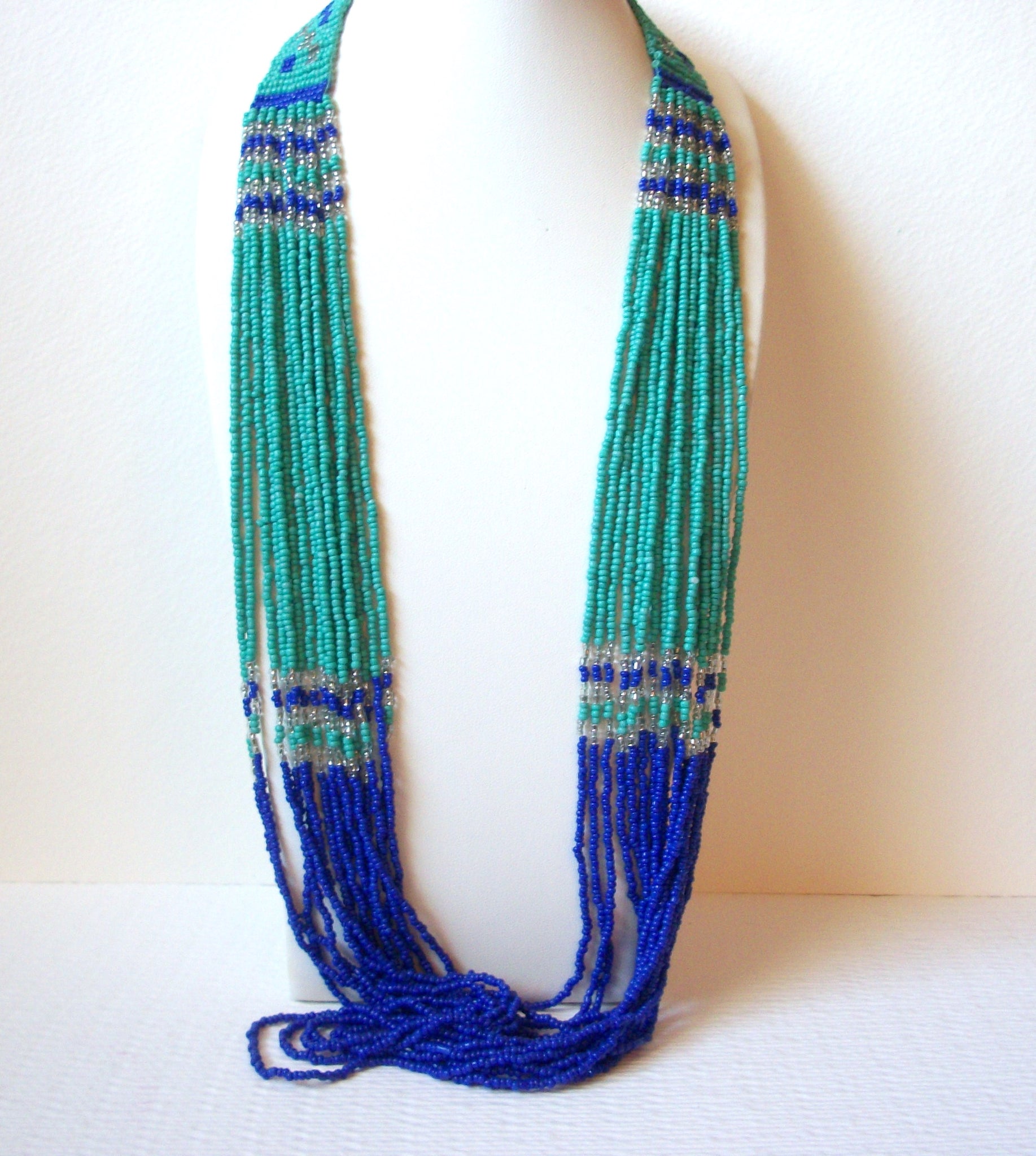 INDIA Turquoise Blue Silver Glass Beaded Necklace 102820