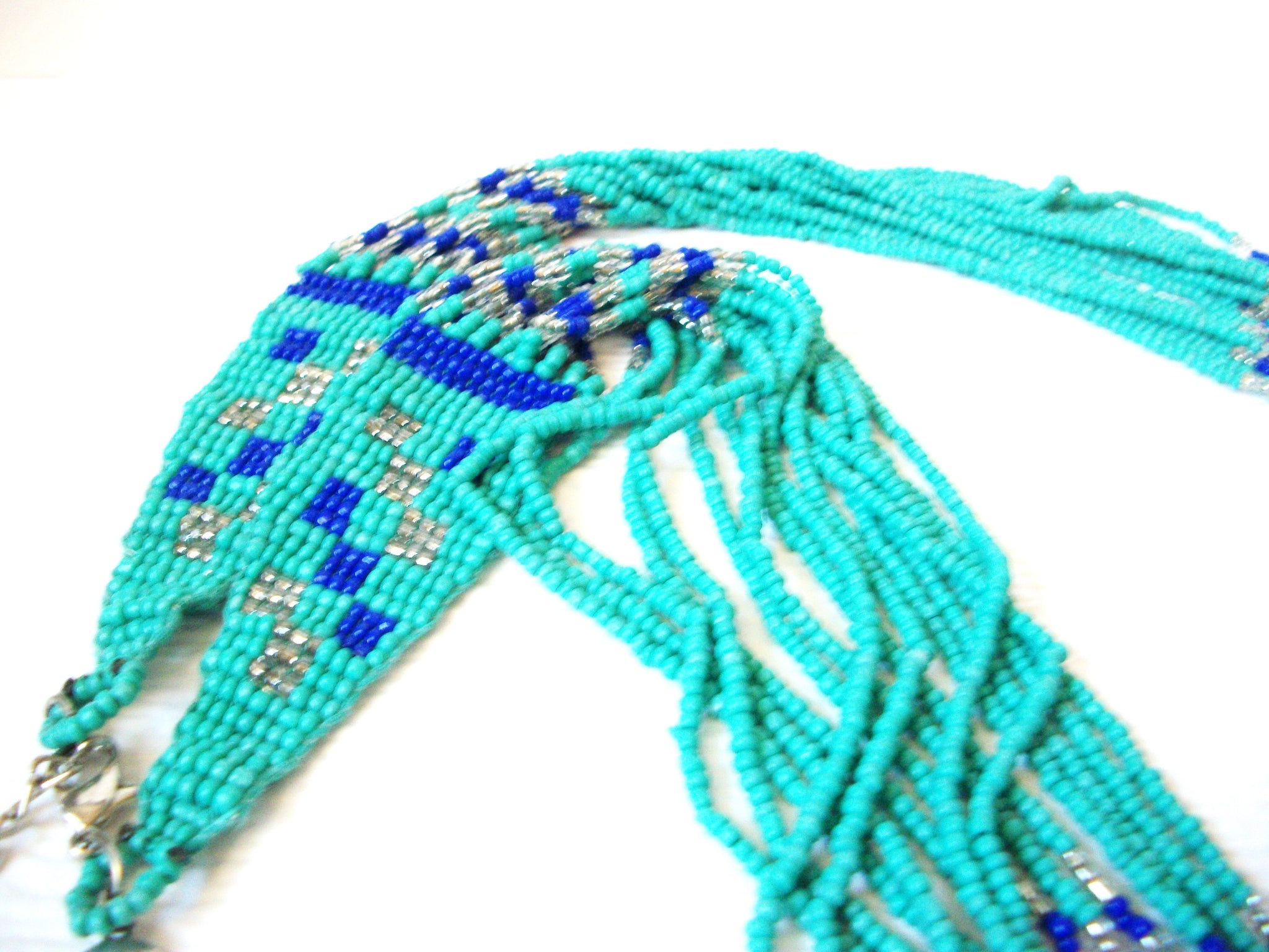 INDIA Turquoise Blue Silver Glass Beaded Necklace 102820