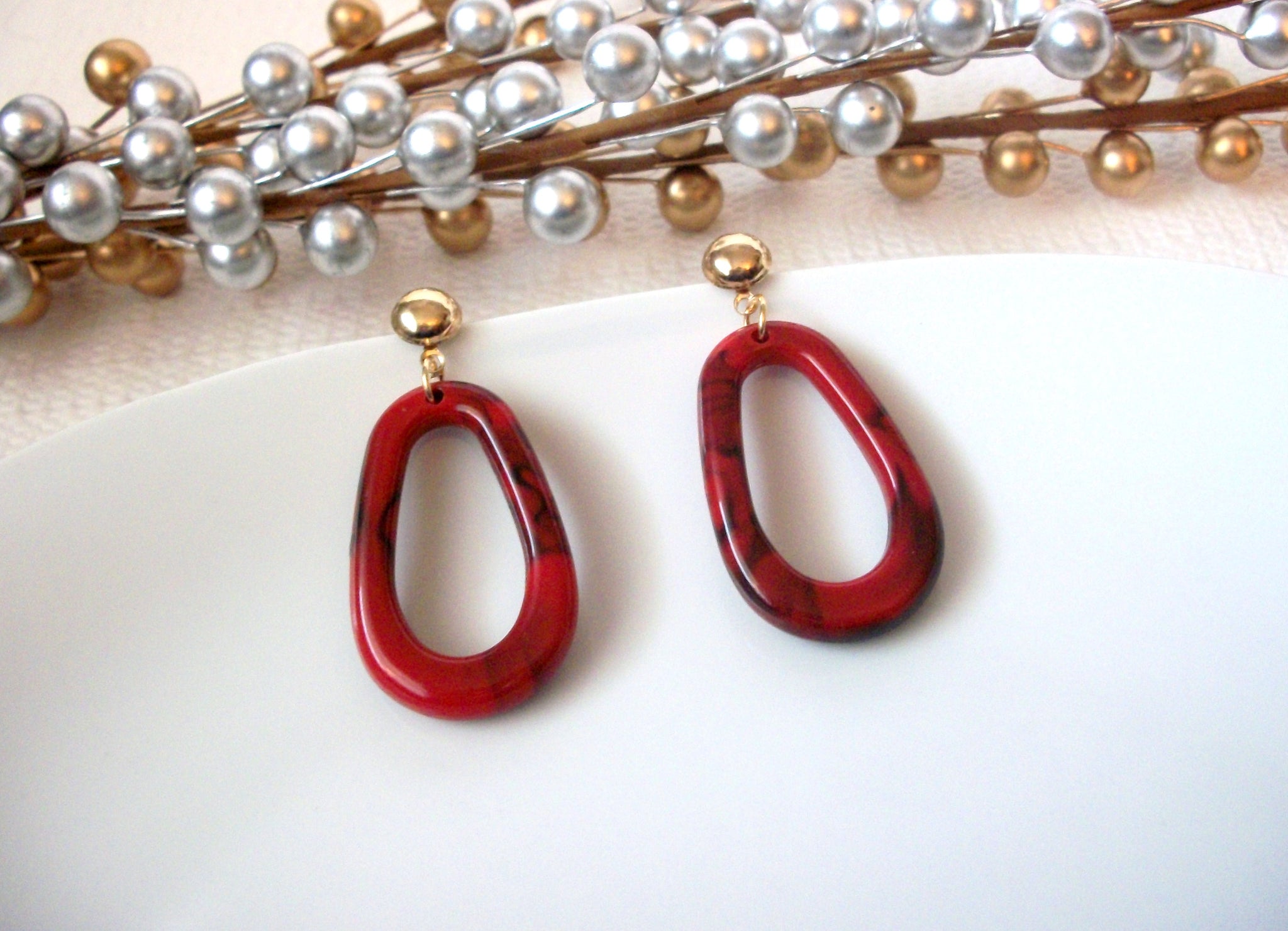 Long Red Marbleized Tortoiseshell Earrings, Acetate Earrings, Resin Earrings, Acrylic Earrings, Statement Earrings S35