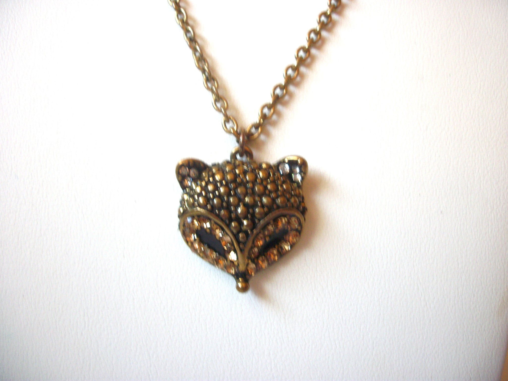 Retro Bronze Rhinestone Fox Necklace 111020