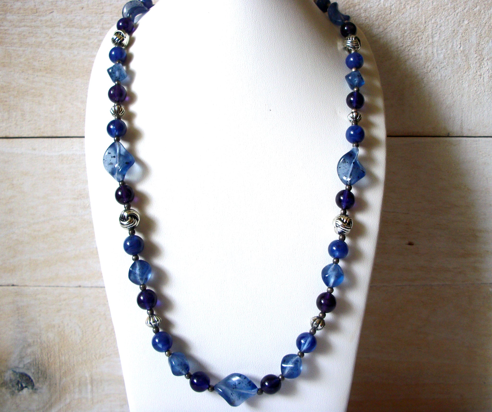 Retro Blue Silver Lucite Necklace 42420