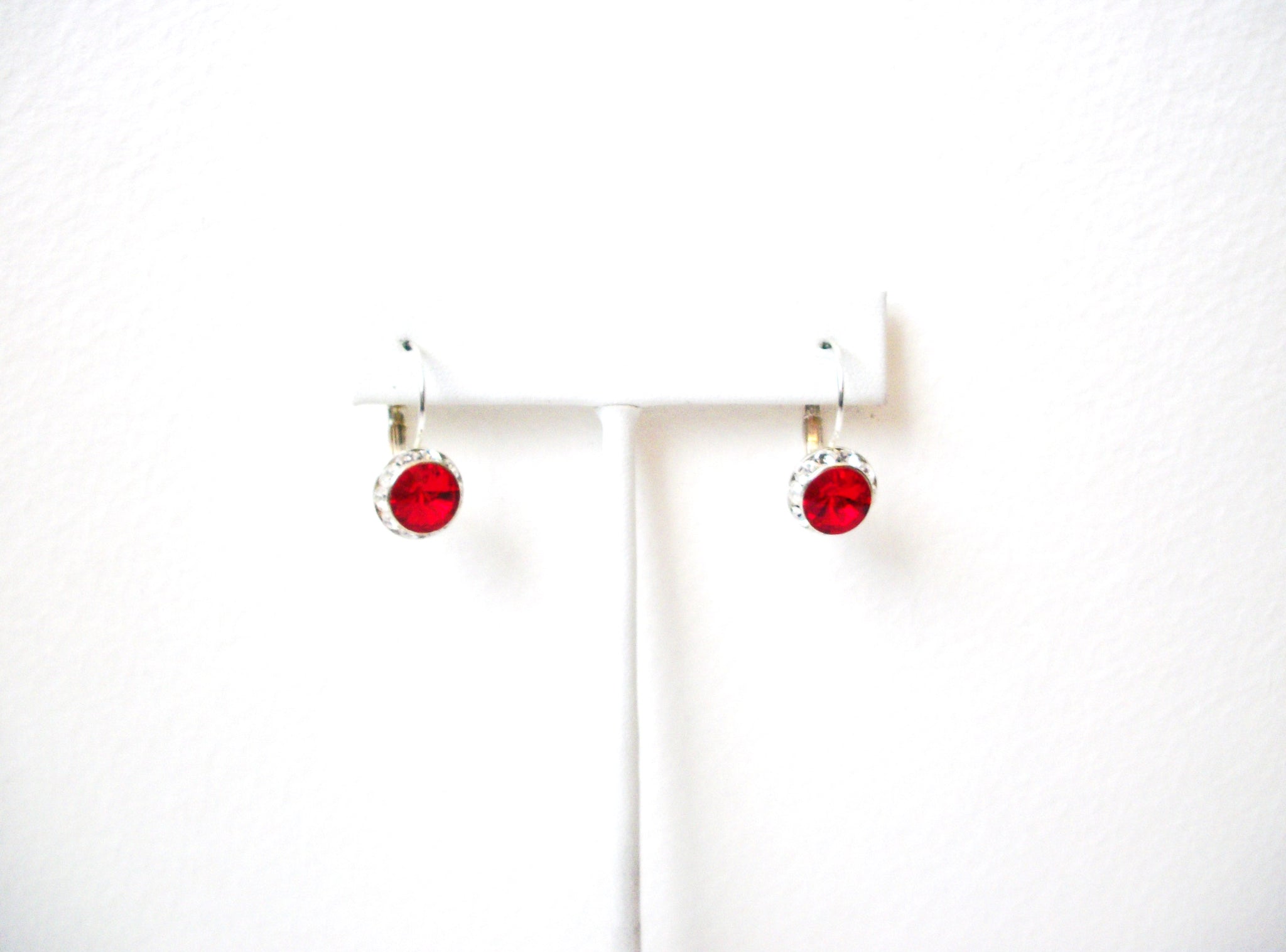 Retro Silver Toned Red Rhinestone Earrings 112120