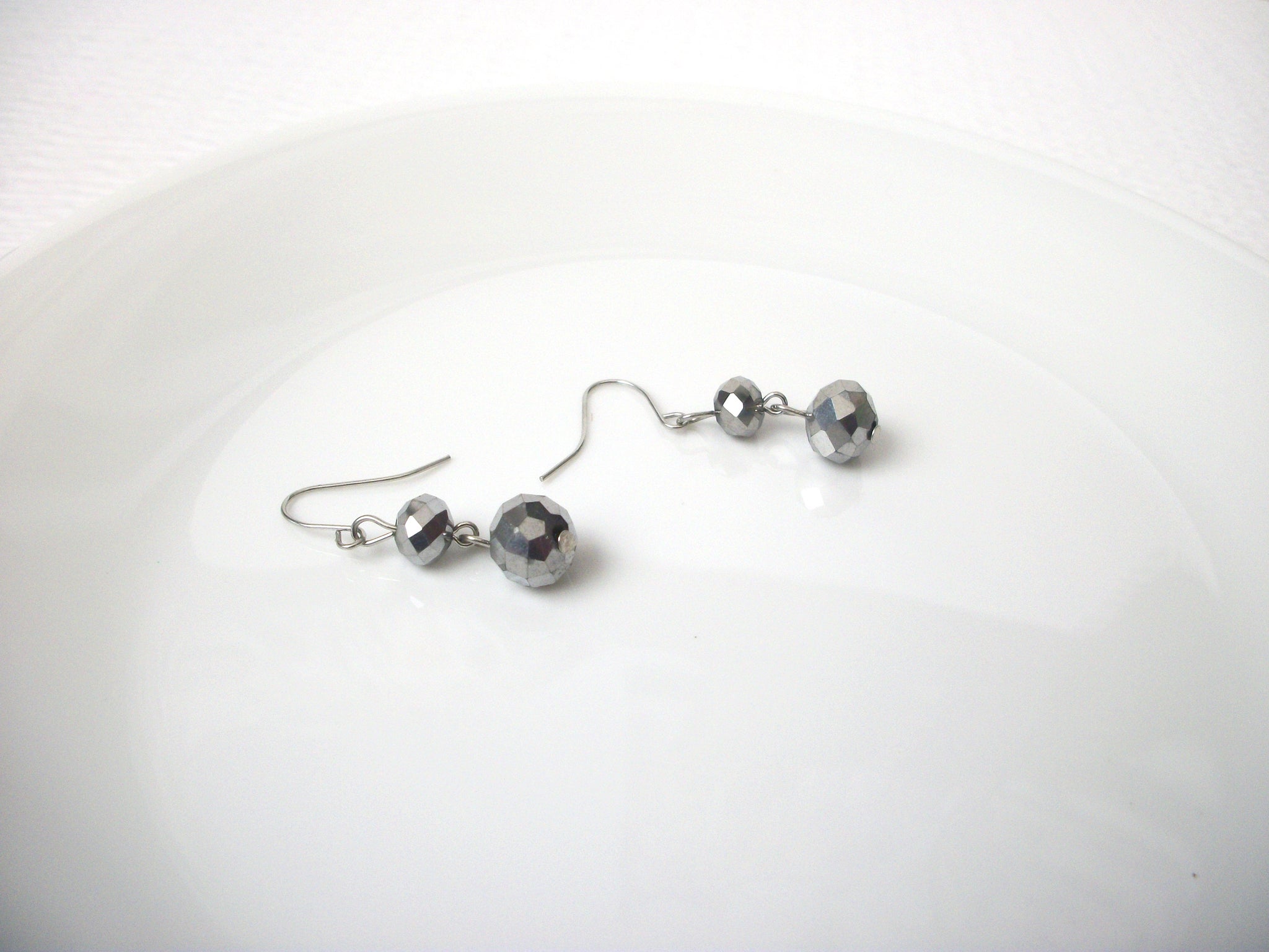 Retro Czech Glass Dangle Earrings 112120 Silver toned Silver faceted Czech Glass For pierced ears 1 inches long