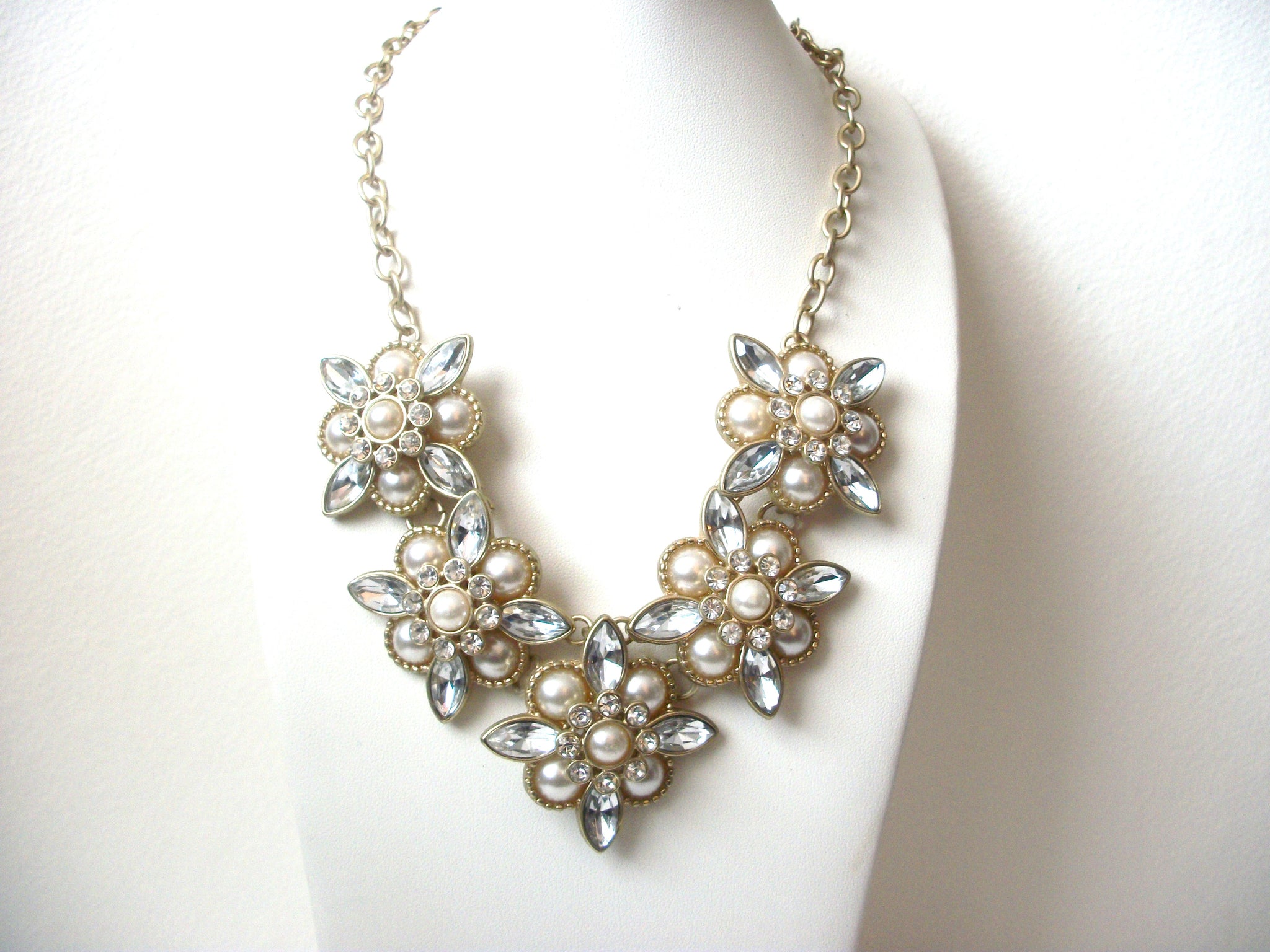 Retro Designer Clear Rhinestone Glass Pearl Statement Necklace 112220