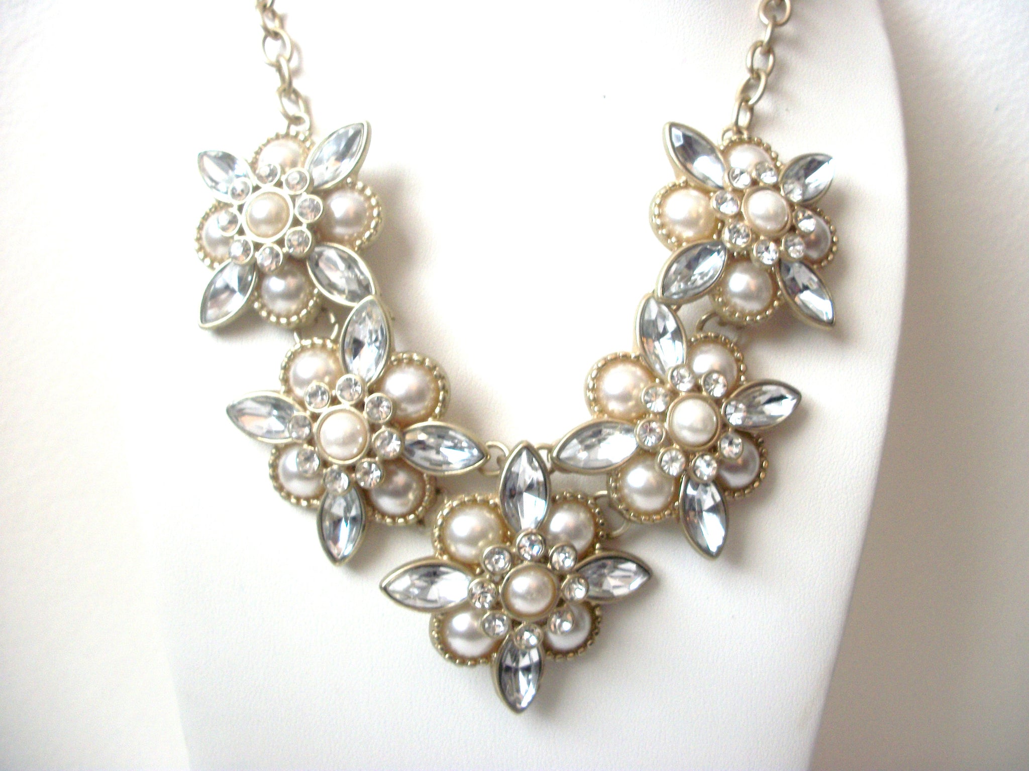 Retro Designer Clear Rhinestone Glass Pearl Statement Necklace 112220