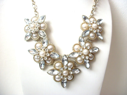 Retro Designer Clear Rhinestone Glass Pearl Statement Necklace 112220
