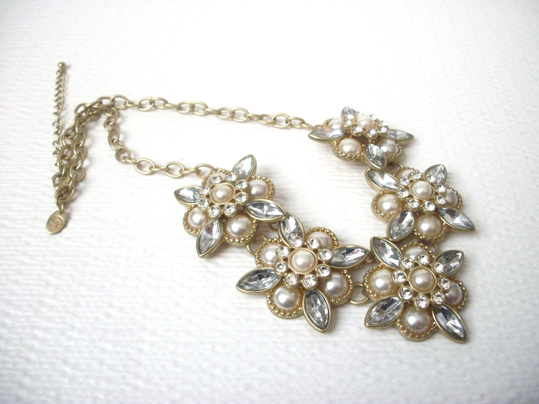 Retro Designer Clear Rhinestone Glass Pearl Statement Necklace 112220