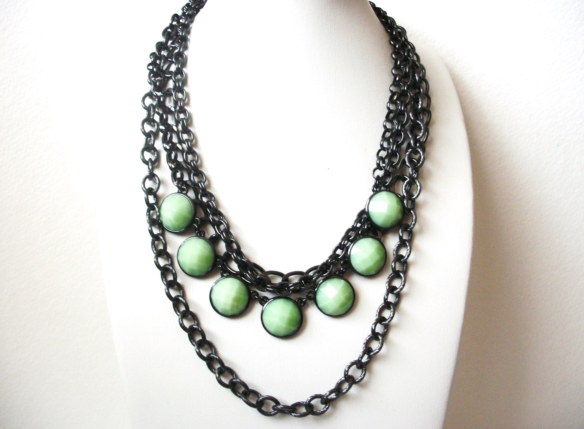 Retro Stamped Dark Silver Green Statement Necklace 112320
