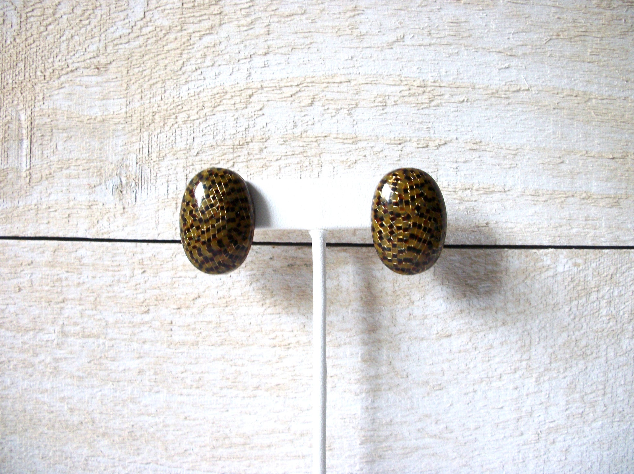 Vintage 1950 Olive Gold Burgundy Old Plastic Earrings 52020