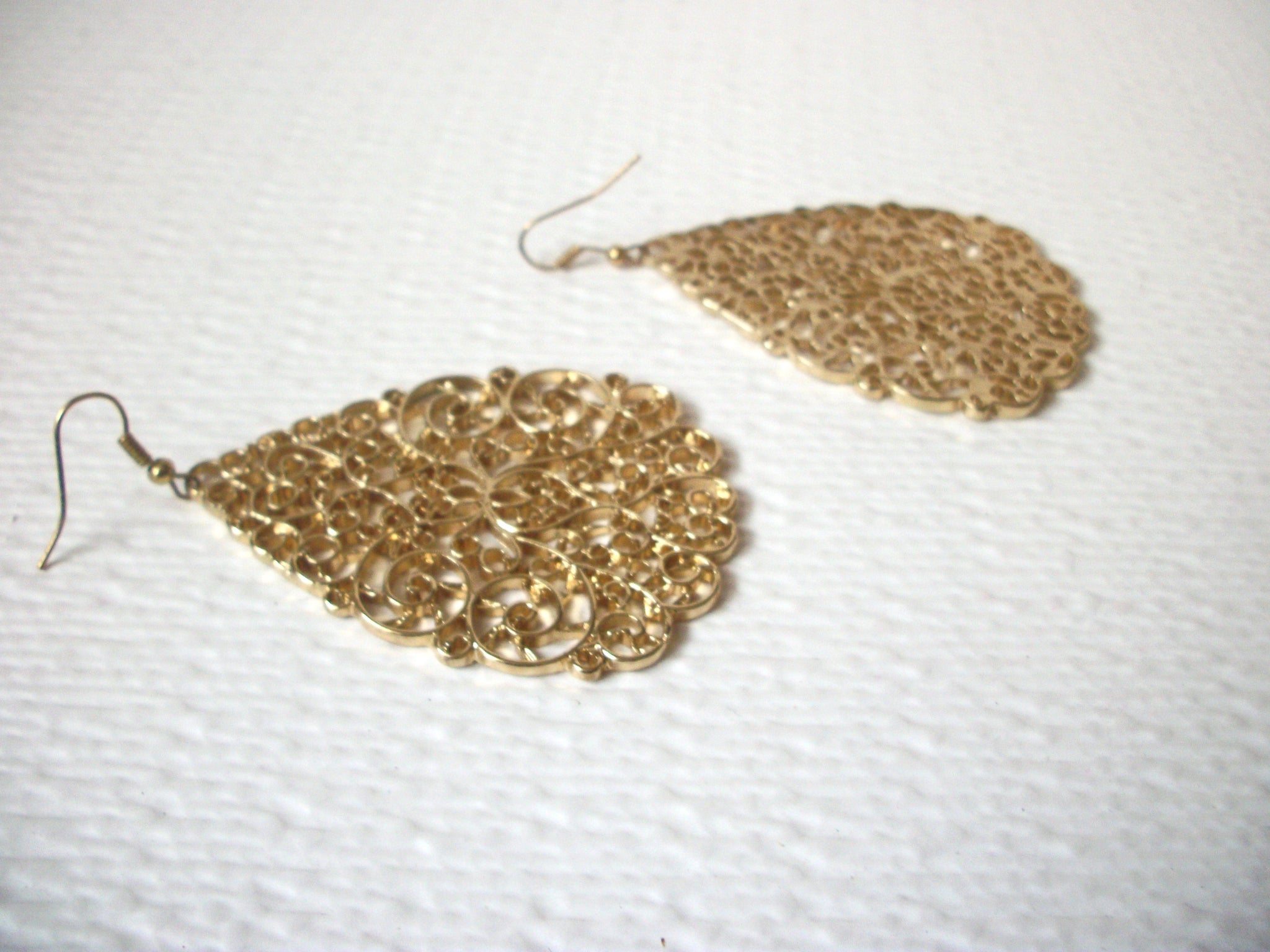 Retro Large Gold Toned Filigree Earrings 120320