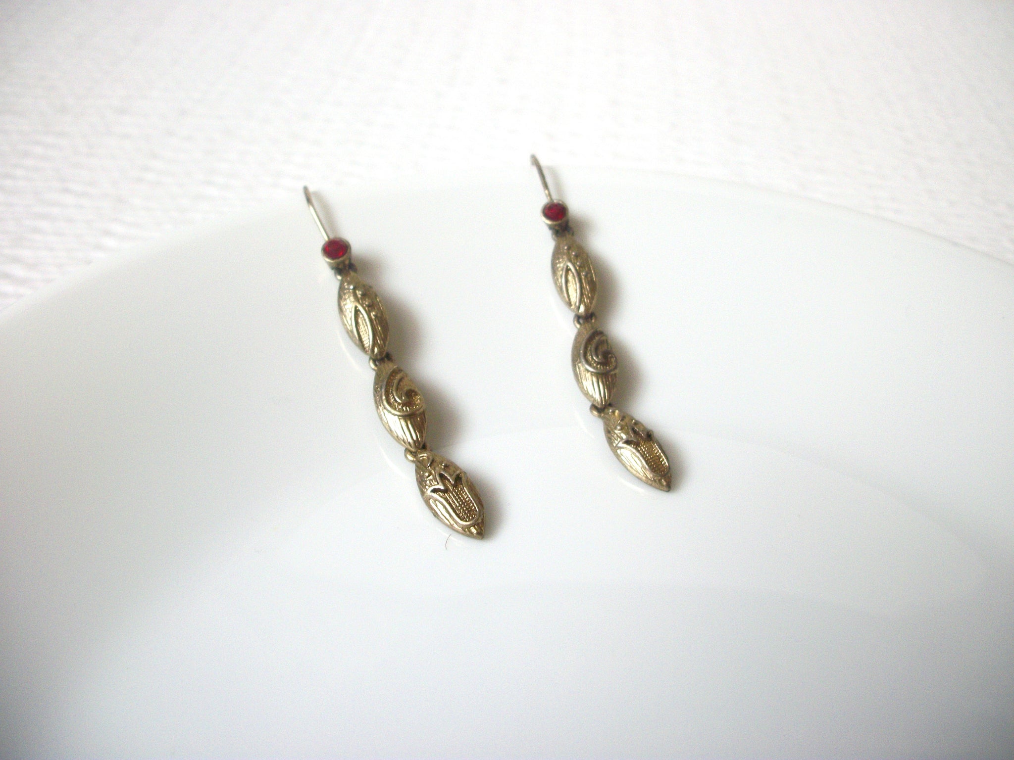 Vintage 1940s Brass Red Rhinestone Earrings 120420