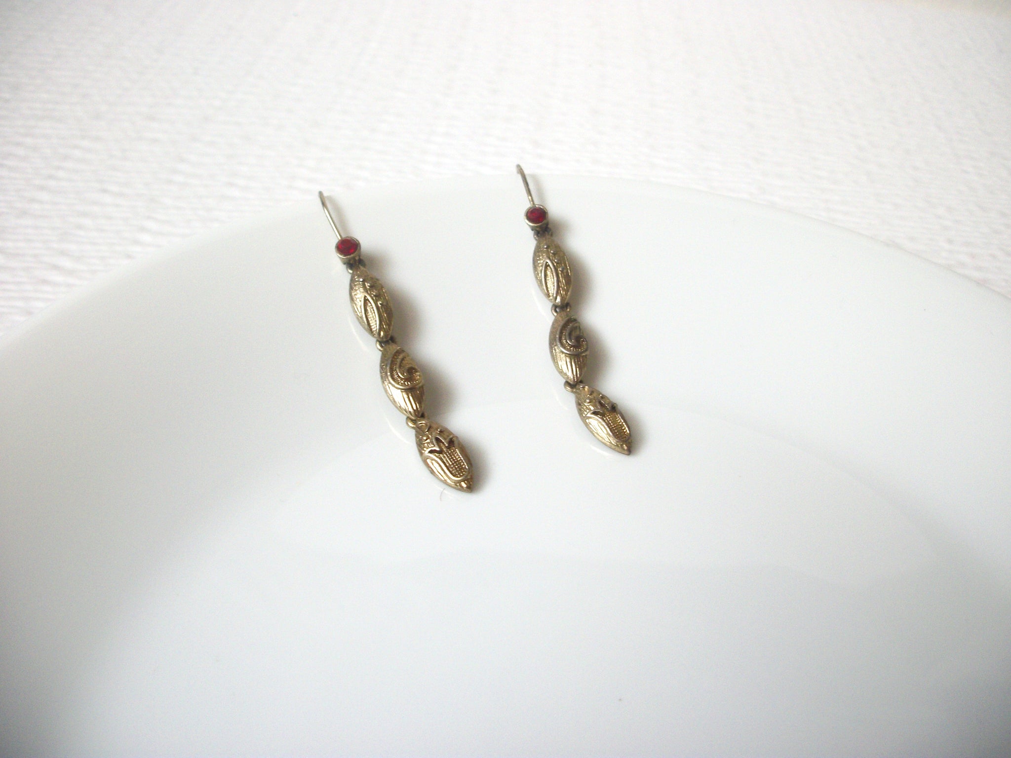 Vintage 1940s Brass Red Rhinestone Earrings 120420