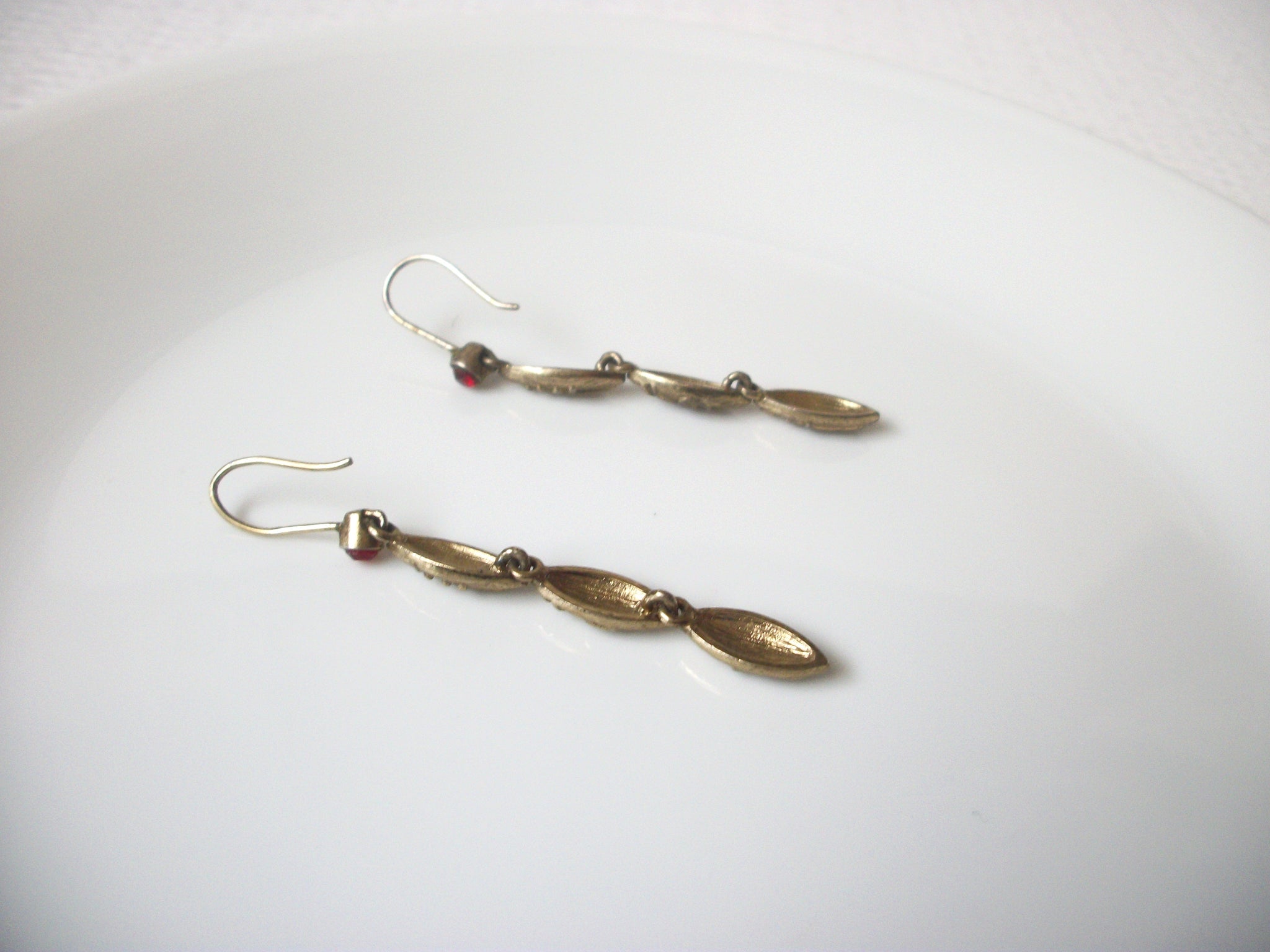 Vintage 1940s Brass Red Rhinestone Earrings 120420