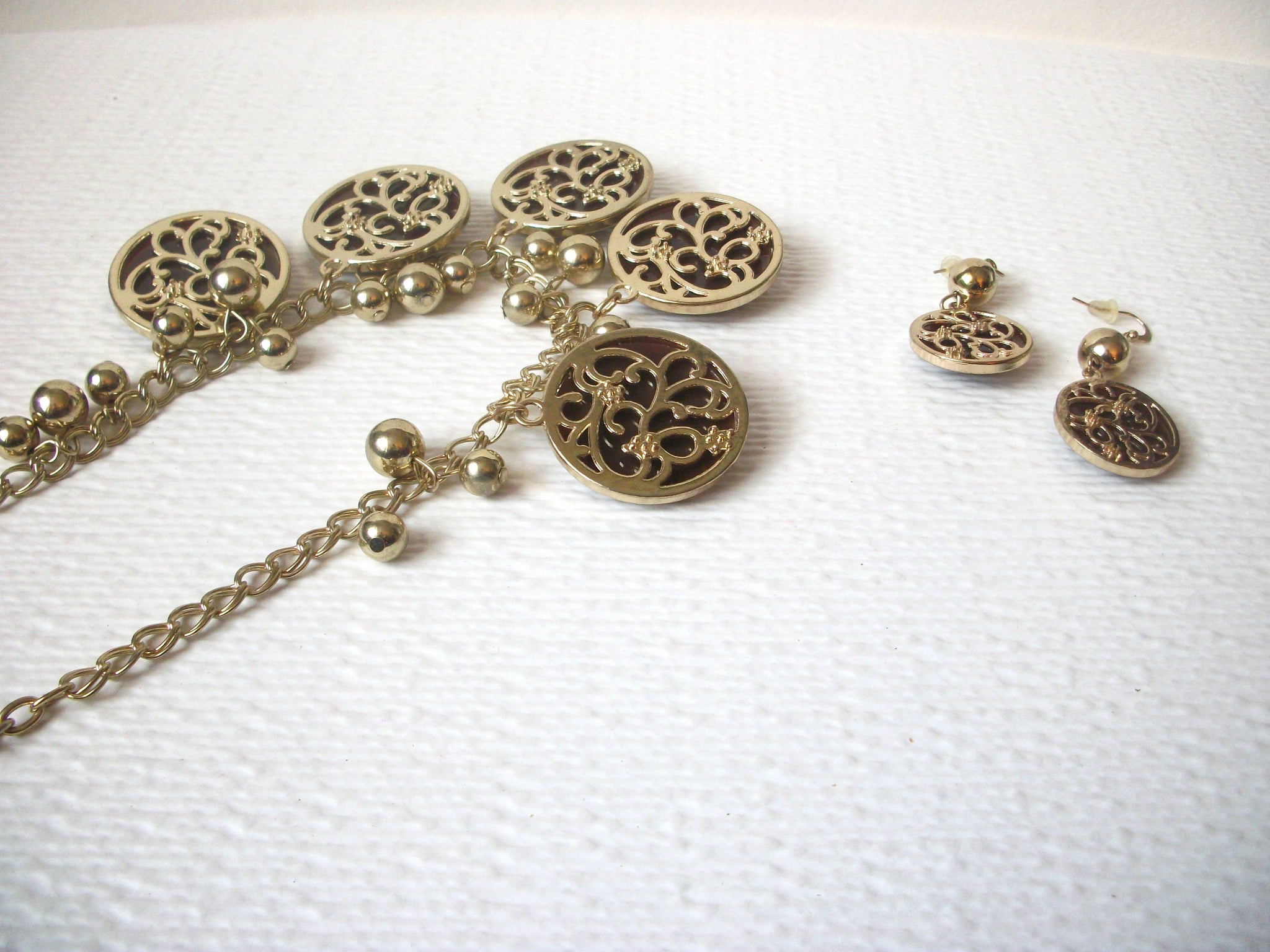 Vintage Gold Brown Statement Set Necklace Earrings 120320