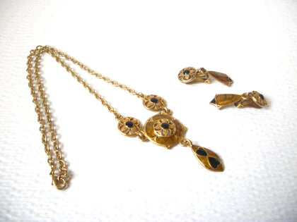 Vintage 1950s Gold Black Necklace Earrings Set 120420