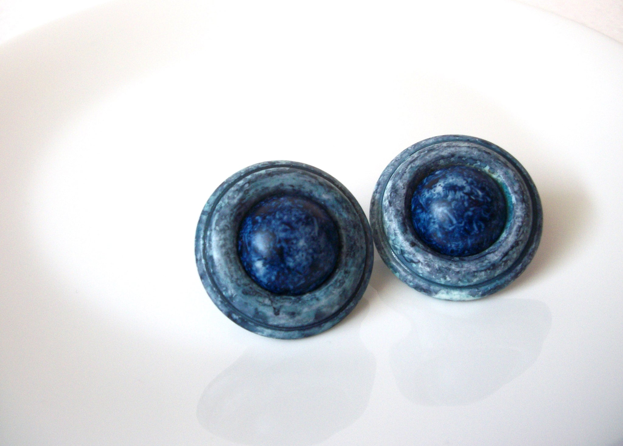 Retro Marbleized Blue Plastic Dome Earrings 120520 T
