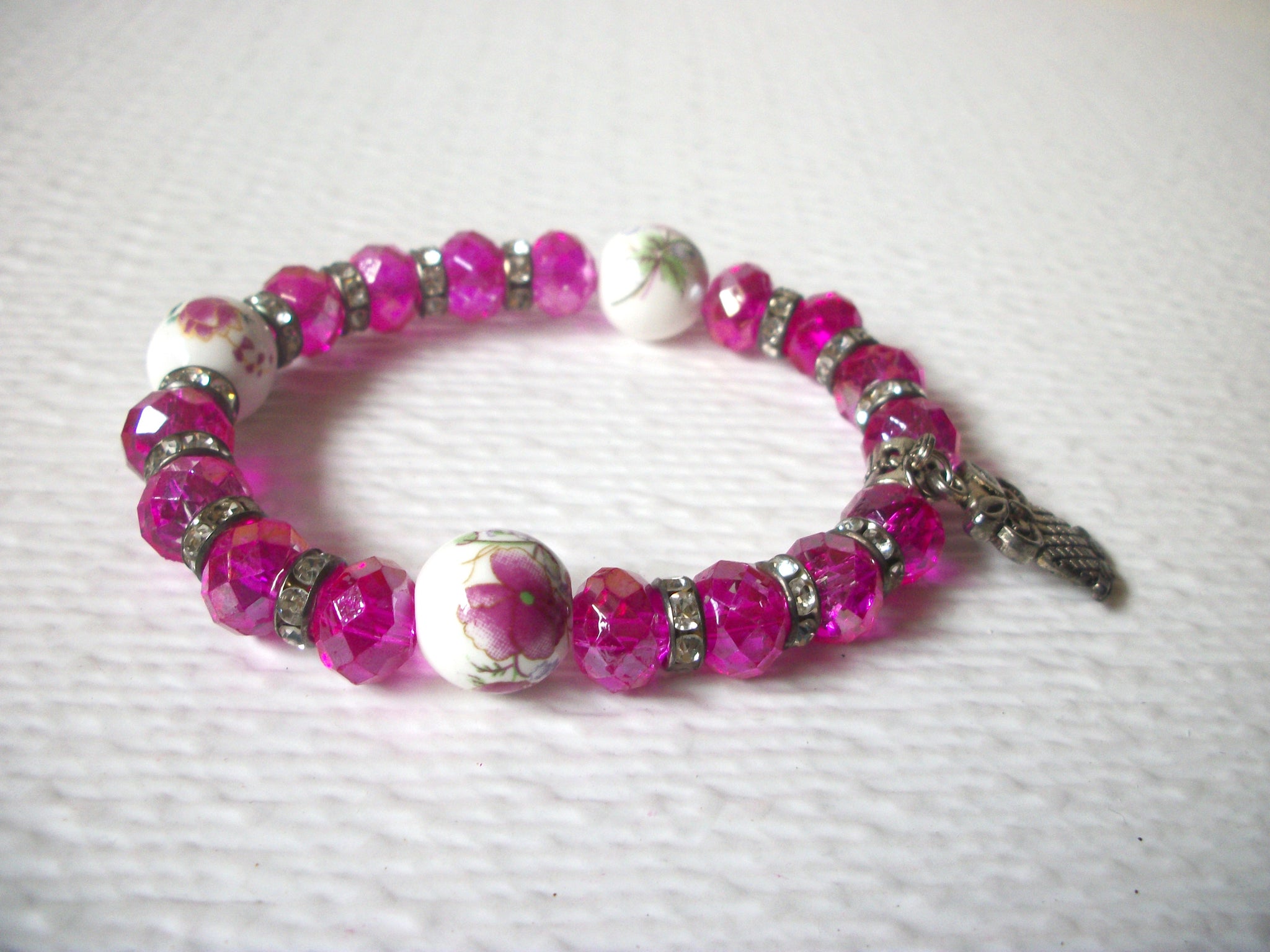 Fuchsia Pink Czech Glass Owl Bracelet 120620
