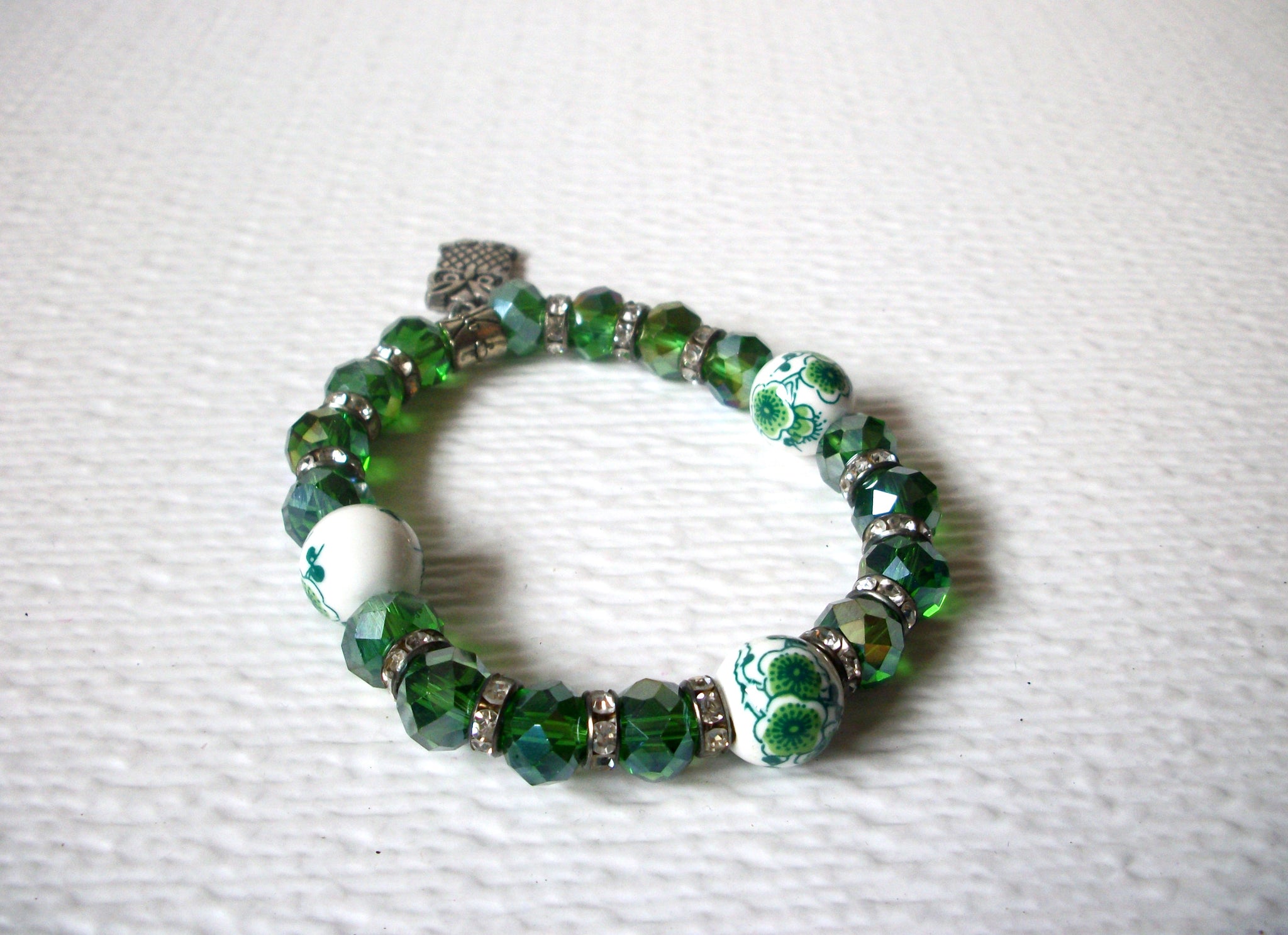 Green Czech Glass Owl Bracelet 120620