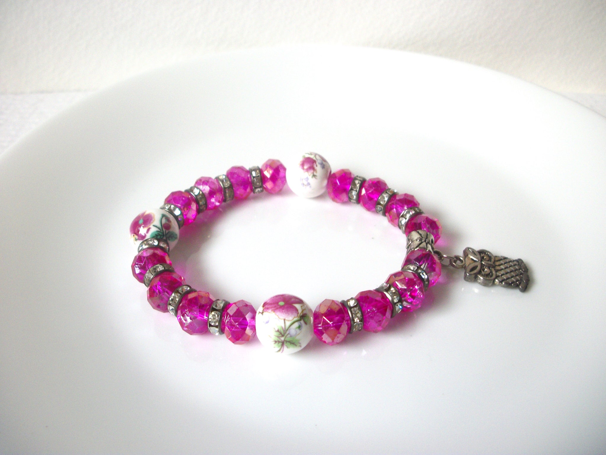 Fuchsia Pink Czech Glass Owl Bracelet 120620