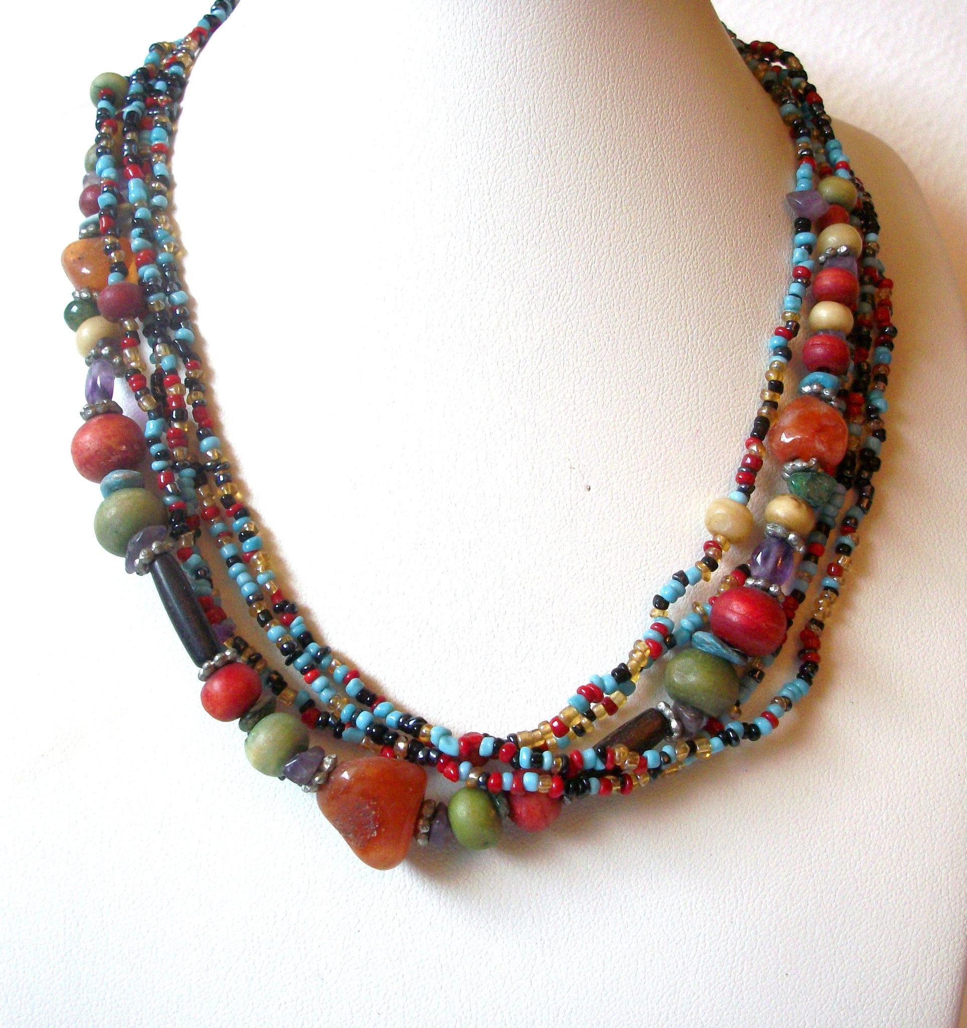 Southwestern Glass Wood Multi Strand Shorter Length Necklace 120720