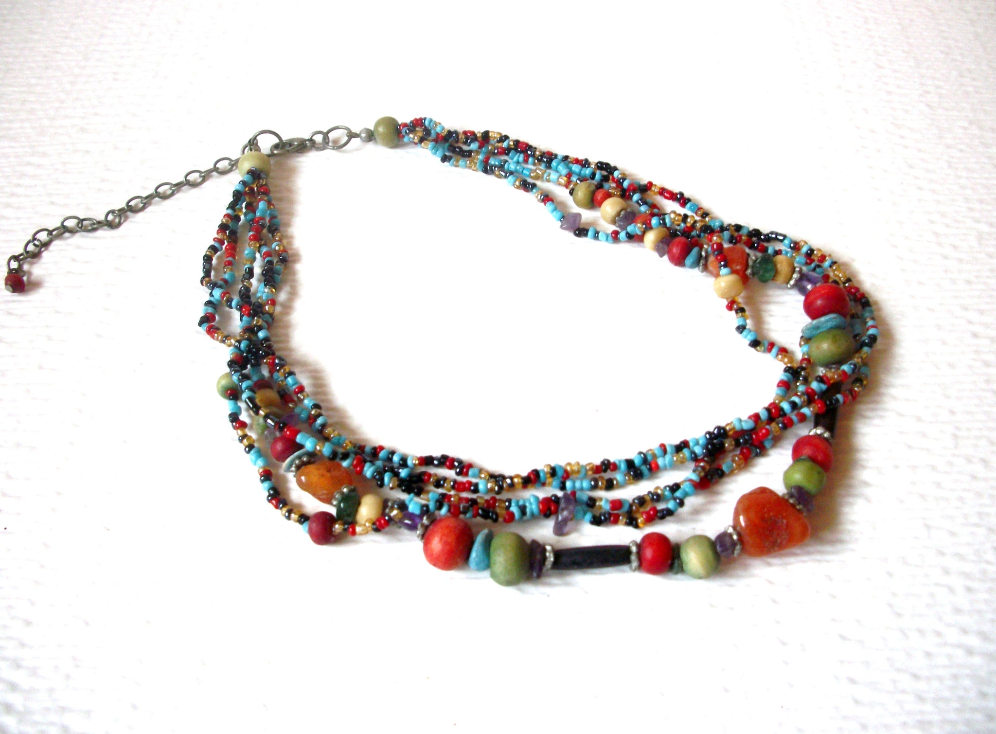 Southwestern Glass Wood Multi Strand Shorter Length Necklace 120720