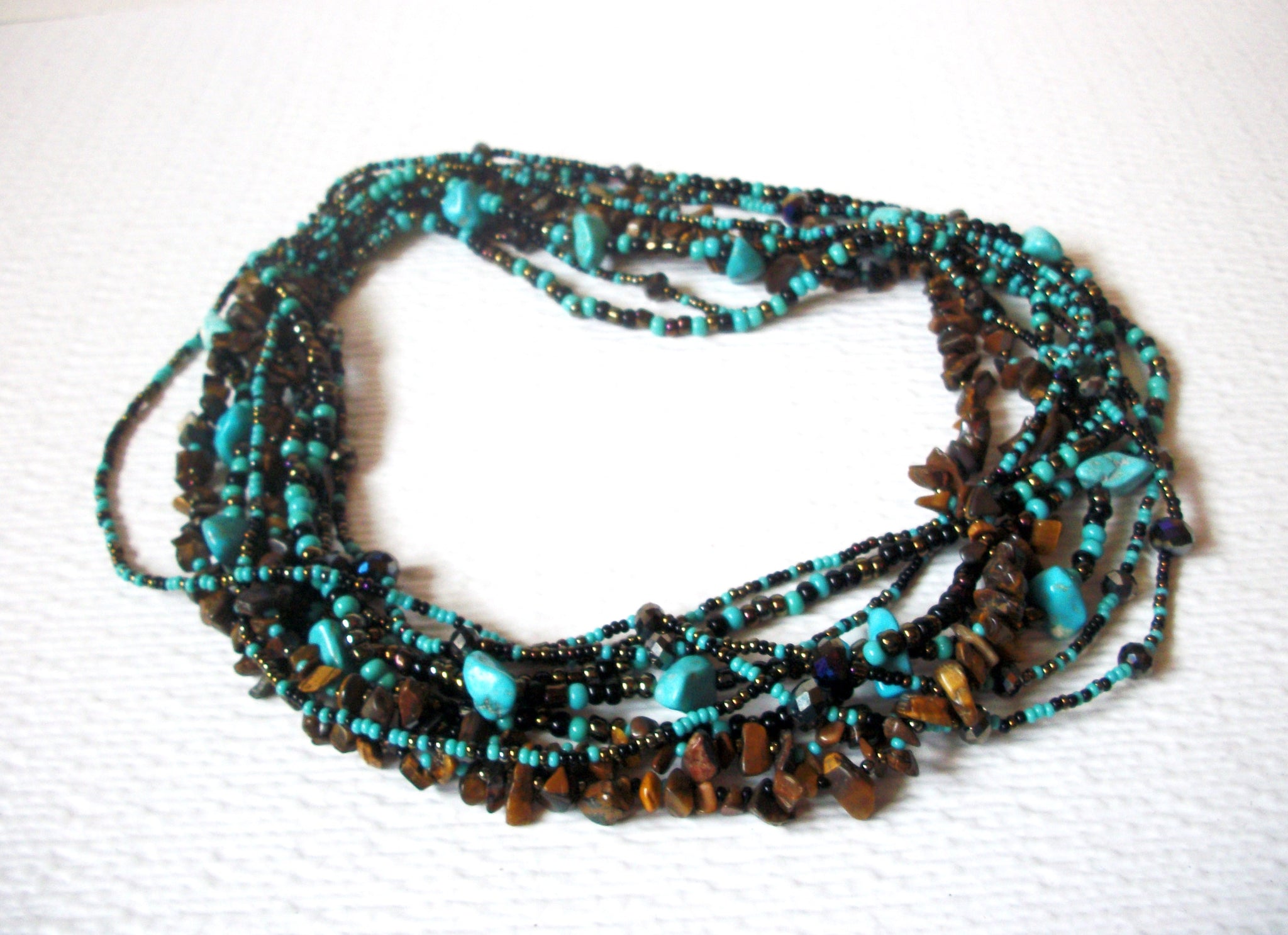 Turquoise Stone Tigers Eye Multi Strand Shorter Length Necklace 120720