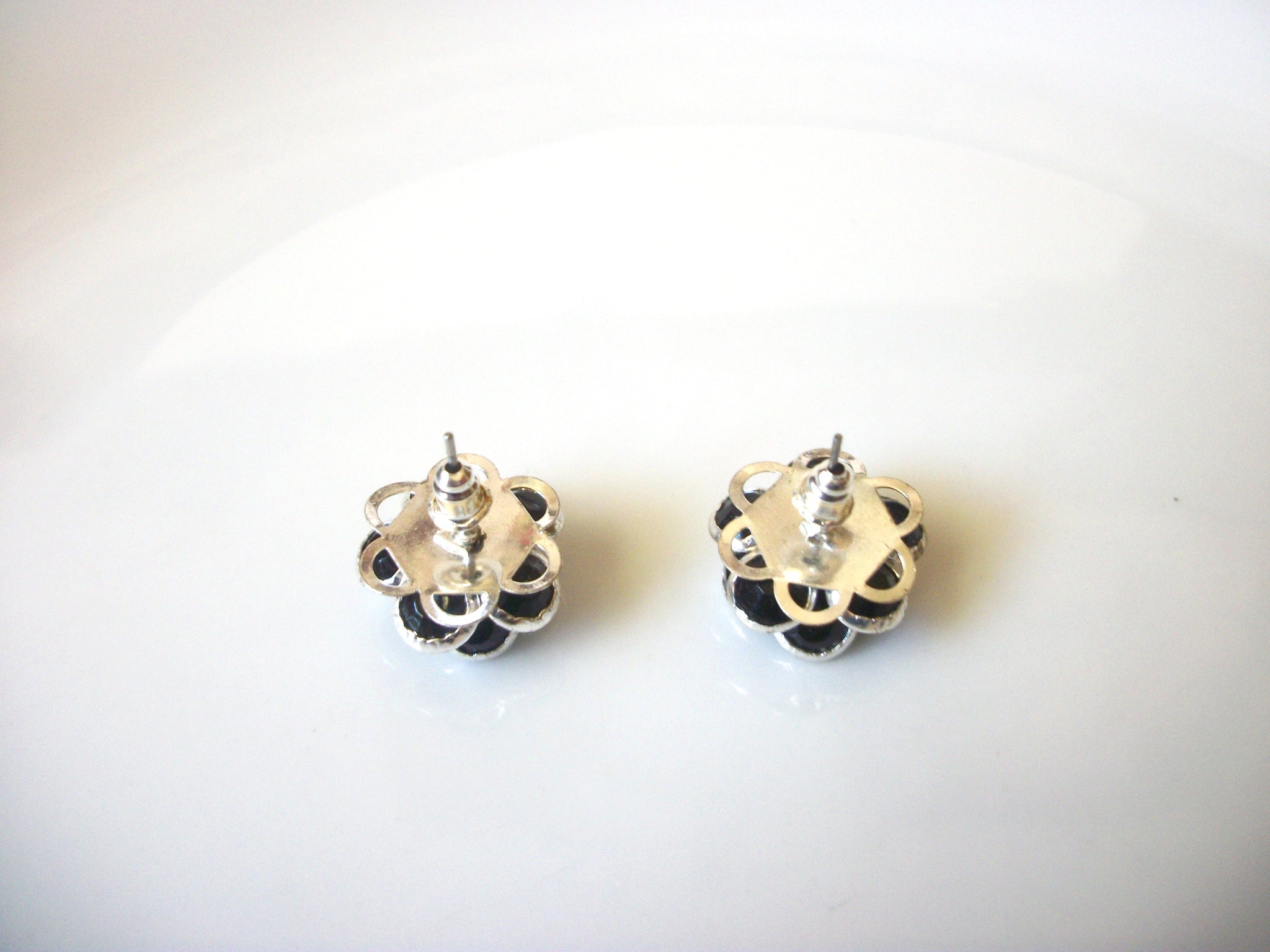 Vintage Silver Black Glass Earrings 40520