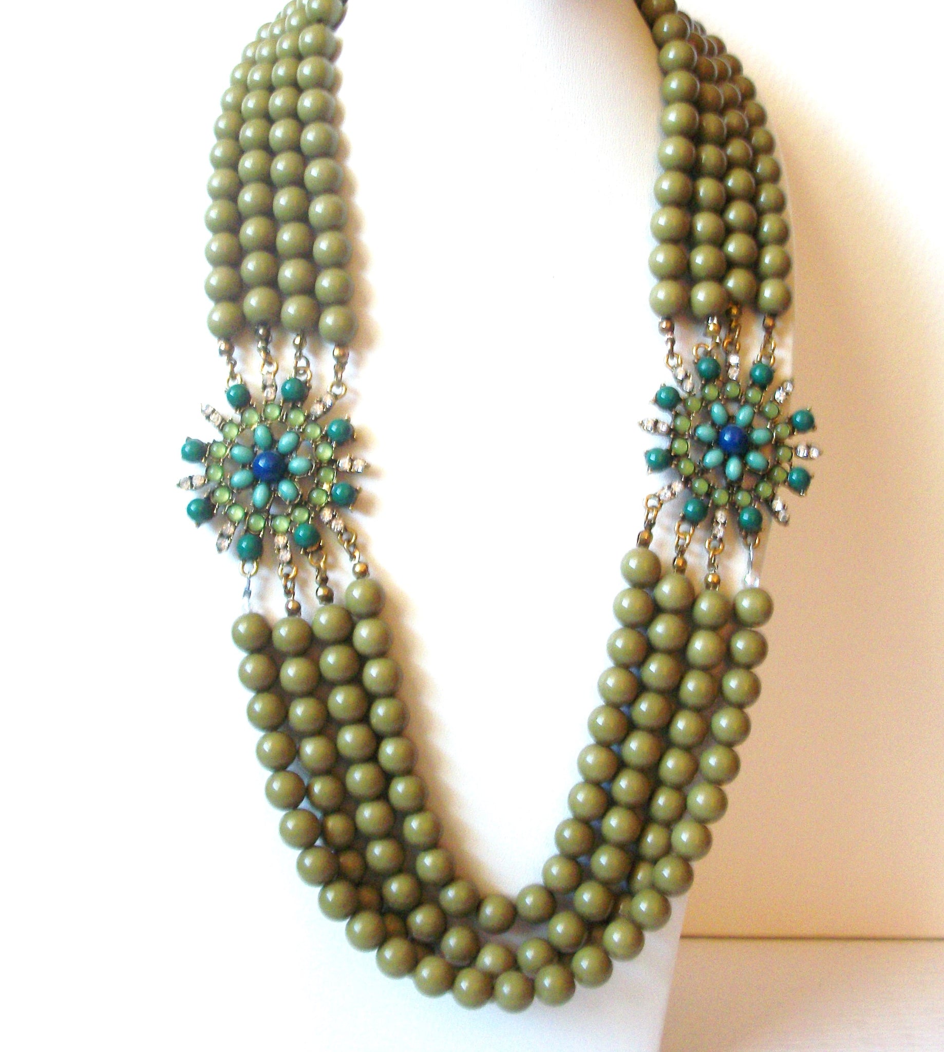 Vintage 1950s Olive Rhinestone Multi Strand Necklace 120920