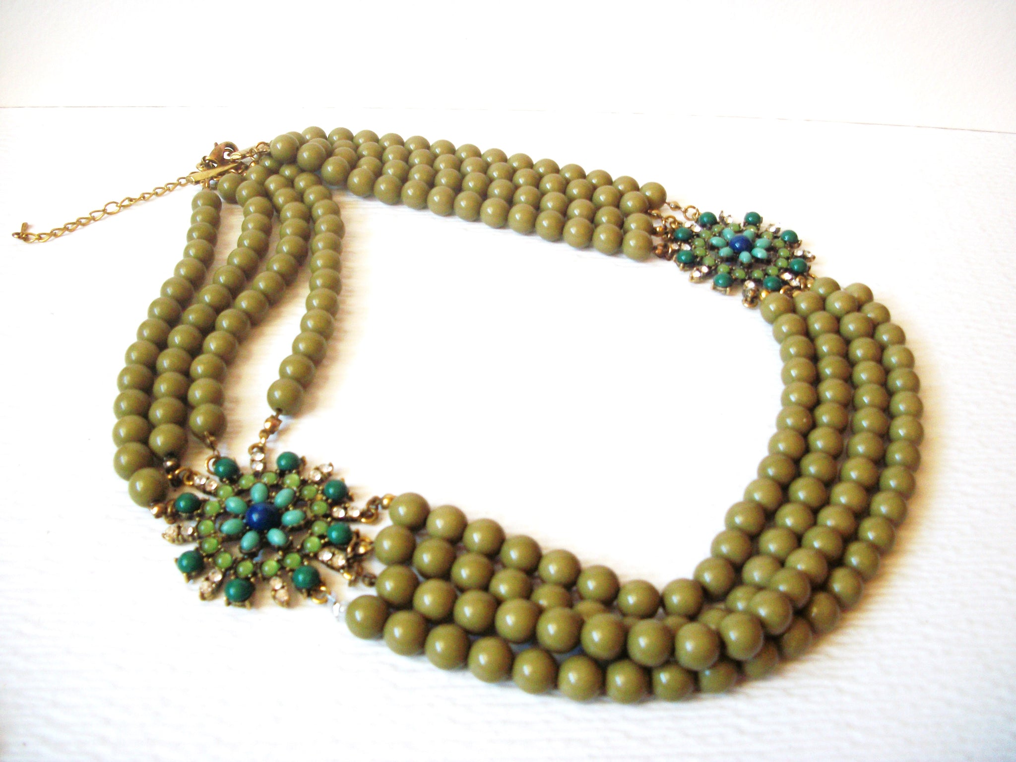 Vintage 1950s Olive Rhinestone Multi Strand Necklace 120920