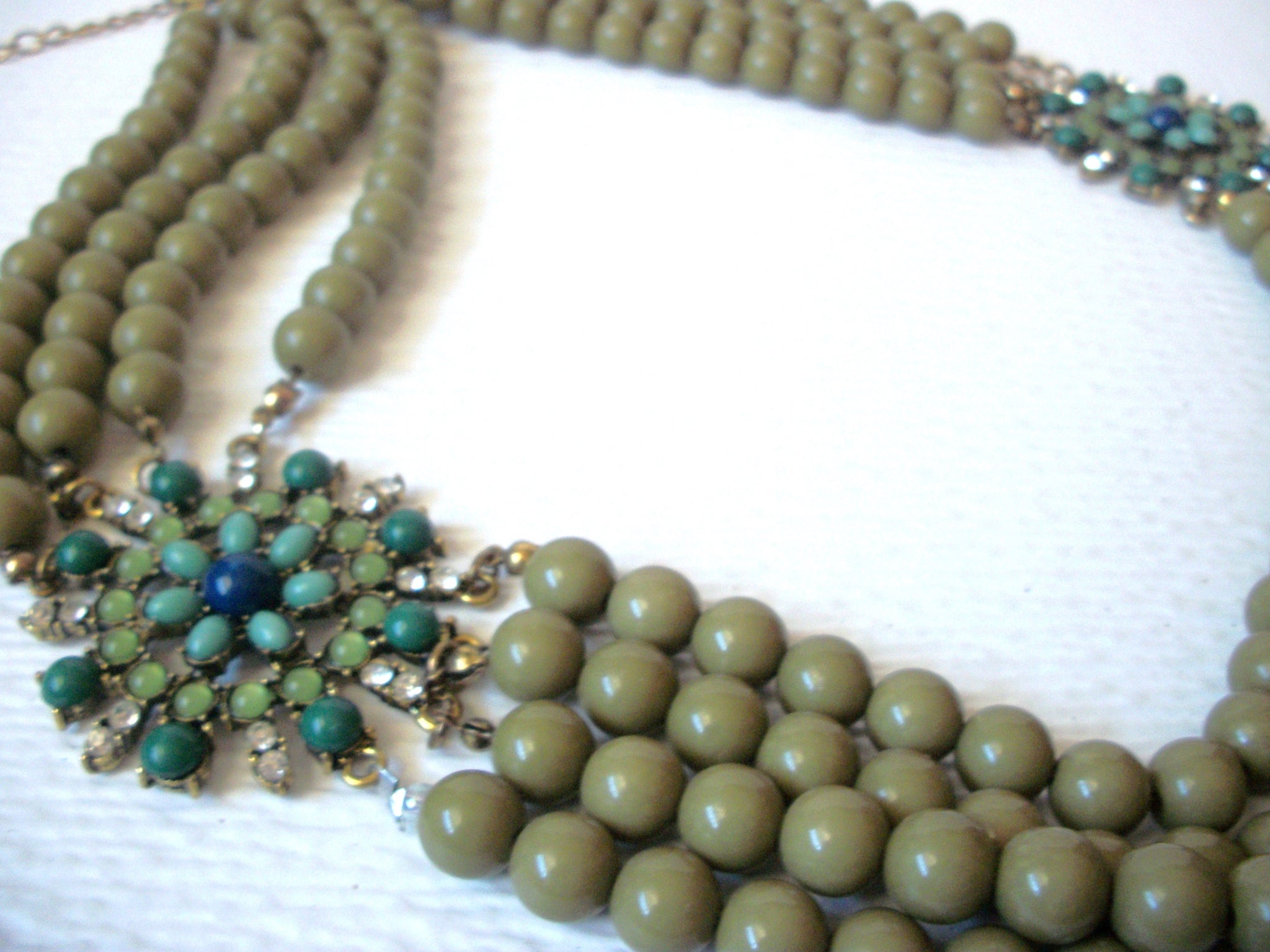 Vintage 1950s Olive Rhinestone Multi Strand Necklace 120920
