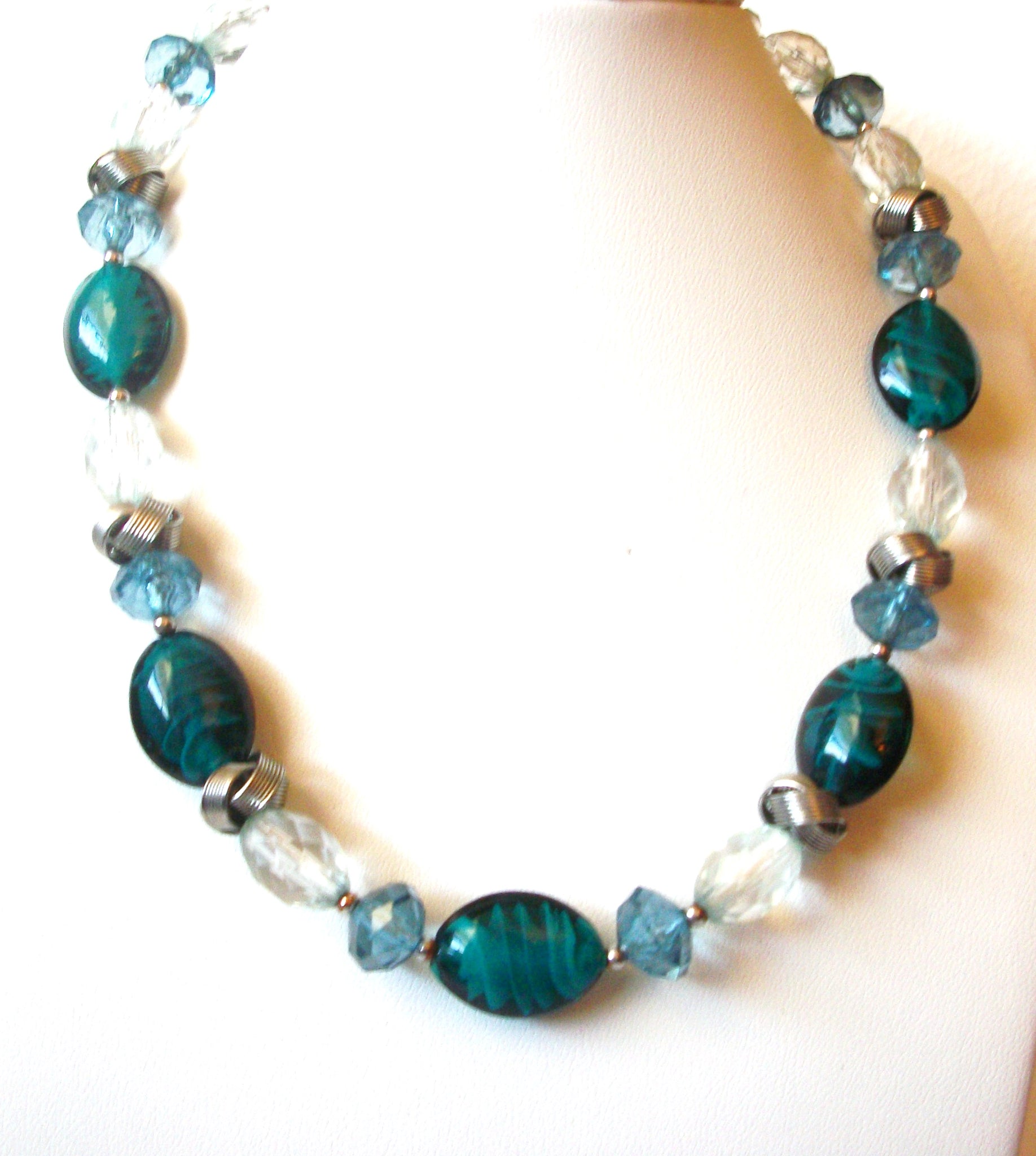 Hand Made Retro Teal Glass Necklace 120920